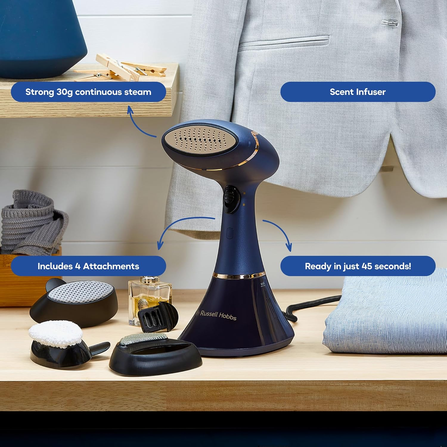 Russell Hobbs Handheld Supreme Garment Steamer, RHC410, 200Ml Water Tank, Scent Infuser, Rapid Heat-Up, Navy and Champagne image number 2