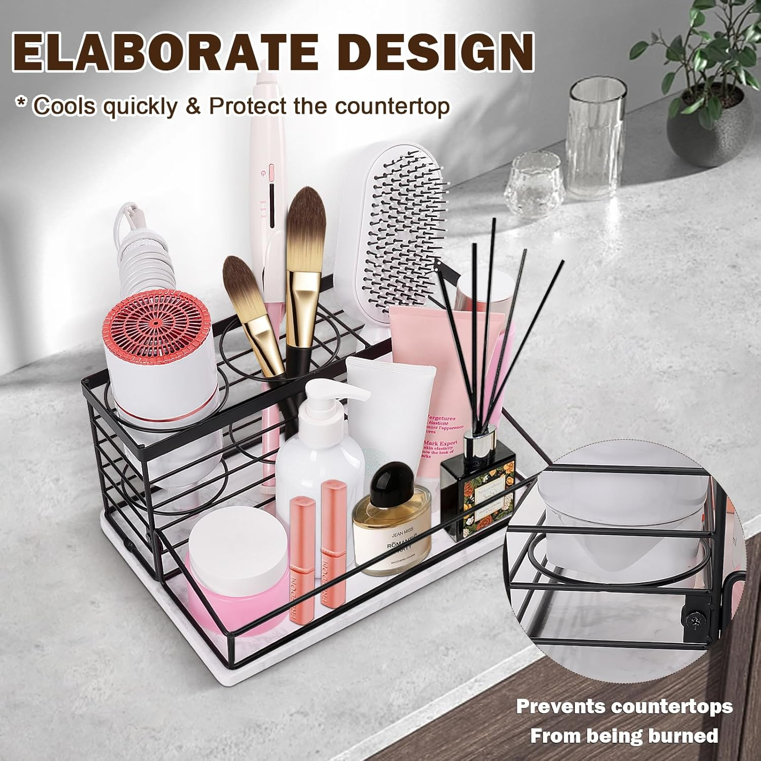 Siyzda Hair Tool Organizer, Movable Hair Dryer Holder, Hair Styling Tools Storage for Vanity, Bath Counter Organizer, Bathroom Trays for Hair Toiletry, Makeup (12" L&times;7.7" W, Marble-Black)