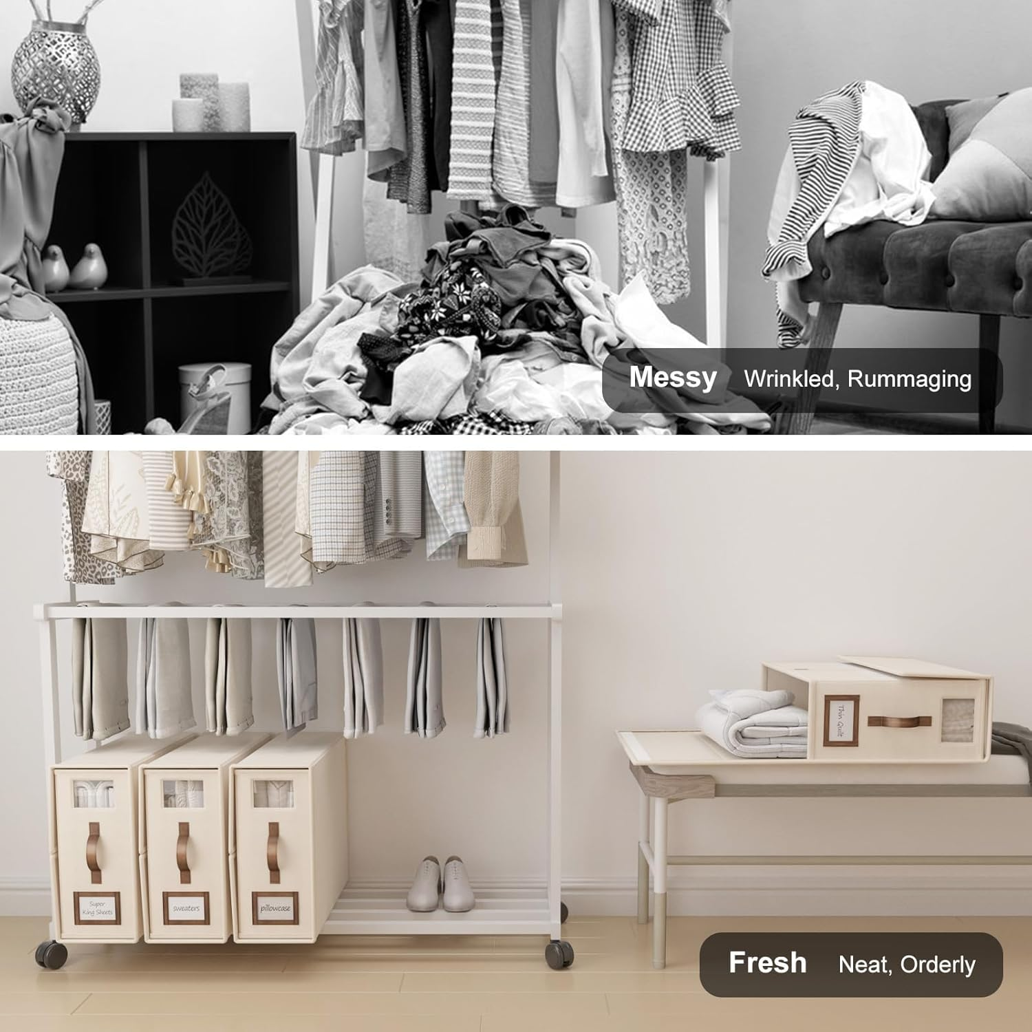 Bed Sheet Organizers and Storage,Foldable Sheet Organizer for Linen Closet,Linen Bedding Storage Box with Leather Handle for Bedsheets,Flannel Blankets,Thin Quilts (Beige, 4 Pack) image number 3