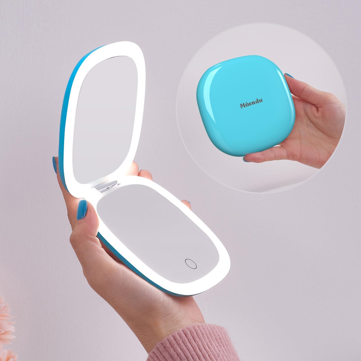 Mocado Compact LED Travel Makeup Mirror - 4 Inches 1X/10X Magnification Travel Mirror with Light Dimmable Double Sides Lighted USB Rechargeable Compact Mirror for Purse,Pocket,Travel(Pink)