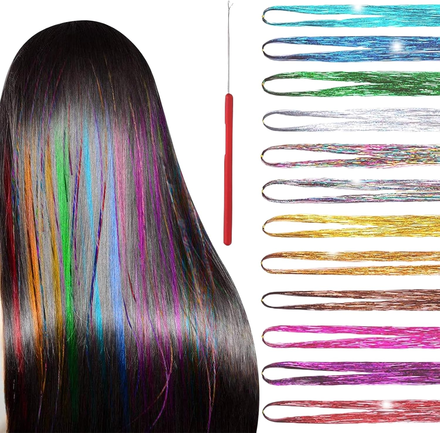 12 Colors Hair Tinsel Kit with Tools, Hair Tinsel Heat Resistant Sparkling Shiny Fairy Extensions for Christmas New Year Halloween Party and Accessories Extensions(Color:Colorful) image number 4