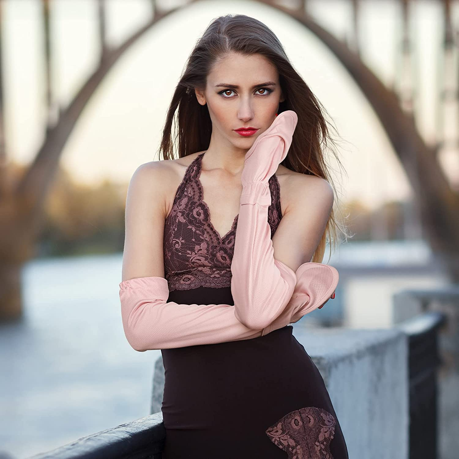 PAGOW 2Piars Driving Fingerless Sun Sleeves, Adjustable Protection Arm Gloves for Women Girls (White + Pink), White, Pink image number 5