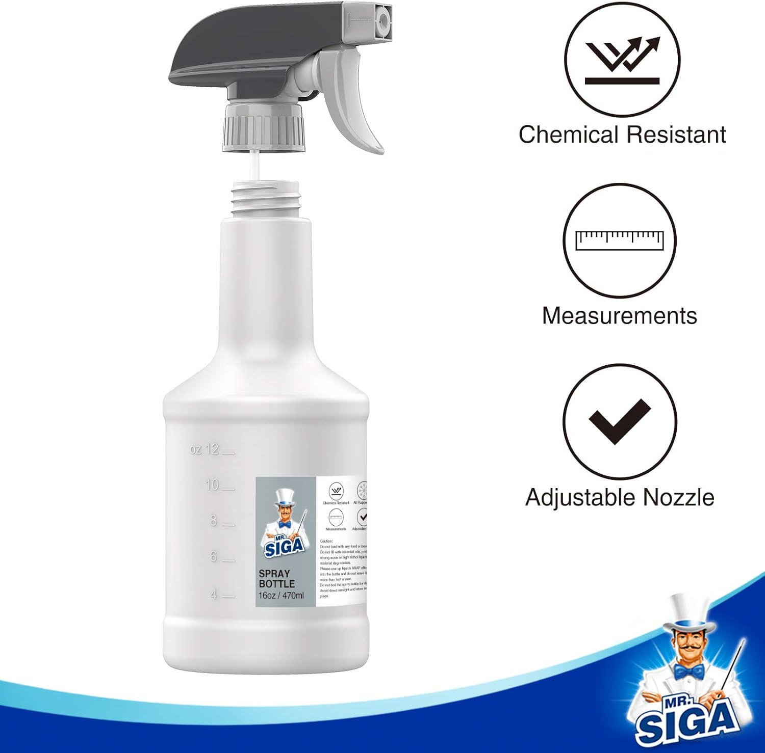 MR.SIGA 16 Oz Empty Plastic Spray Bottles for Cleaning Solutions, Heavy Duty Household Reusable Spray Bottles with Measurements and Adjustable Leak Proof Nozzle, 3 Pack