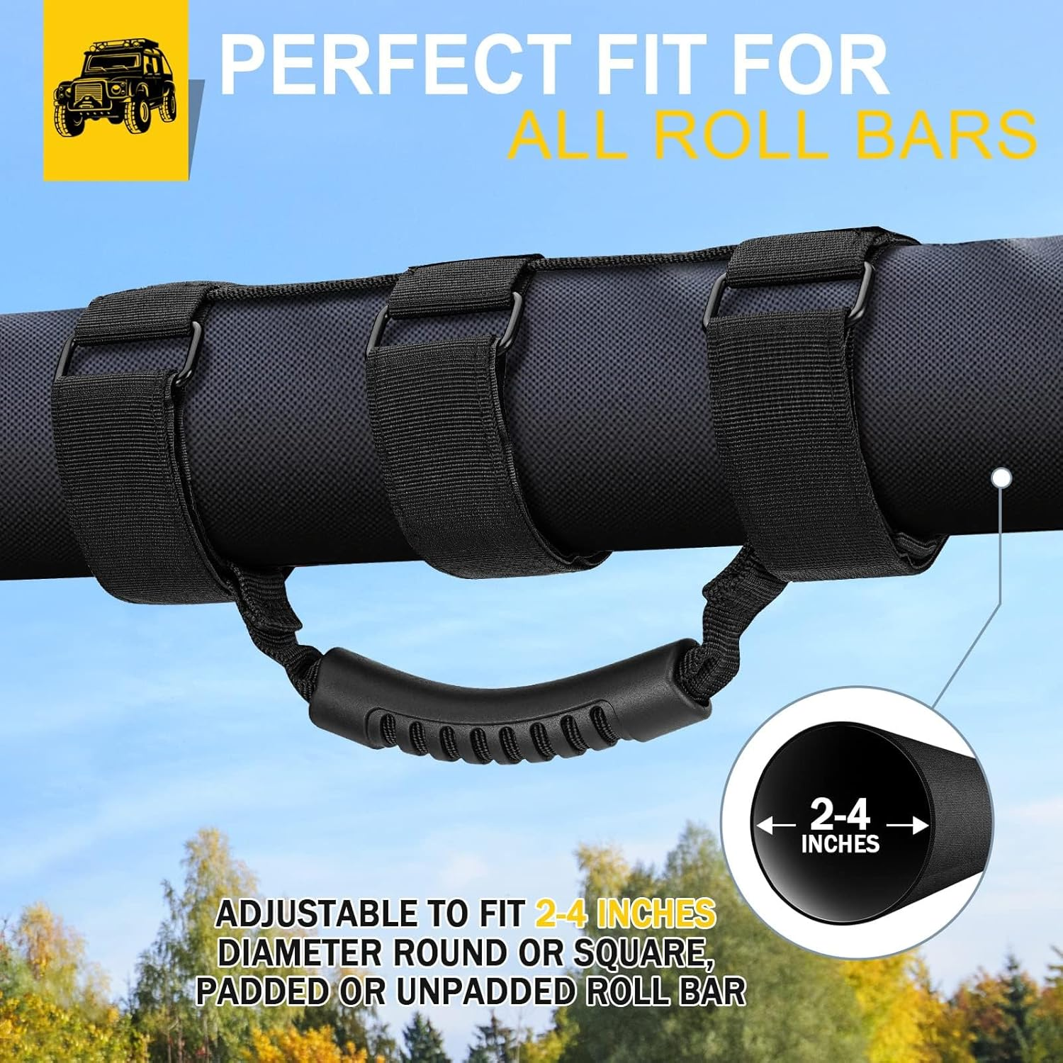 Grab Handle Set for Jeep Wrangler Roll Bars (2 Pack) Easy-To-Fit 3 Straps Design for 1987-2017 Modelswrangler Accessories (Black)