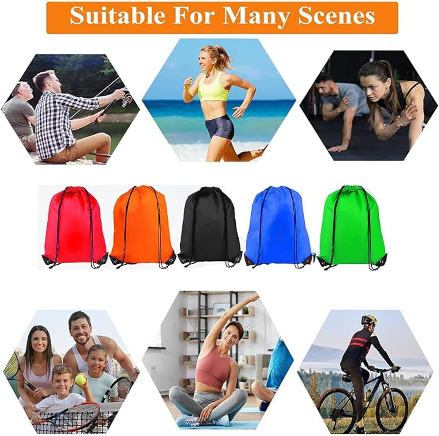 5Pcs Drawstring Backpack Bulk Drawstring Bag Nylon Cinch Sack Backpack Bag,Drawstring Gym Bag,Drawstring Backpack Draw String Bags for Sports,Travelling,Beach and Yoga(Multicolor) image number 5