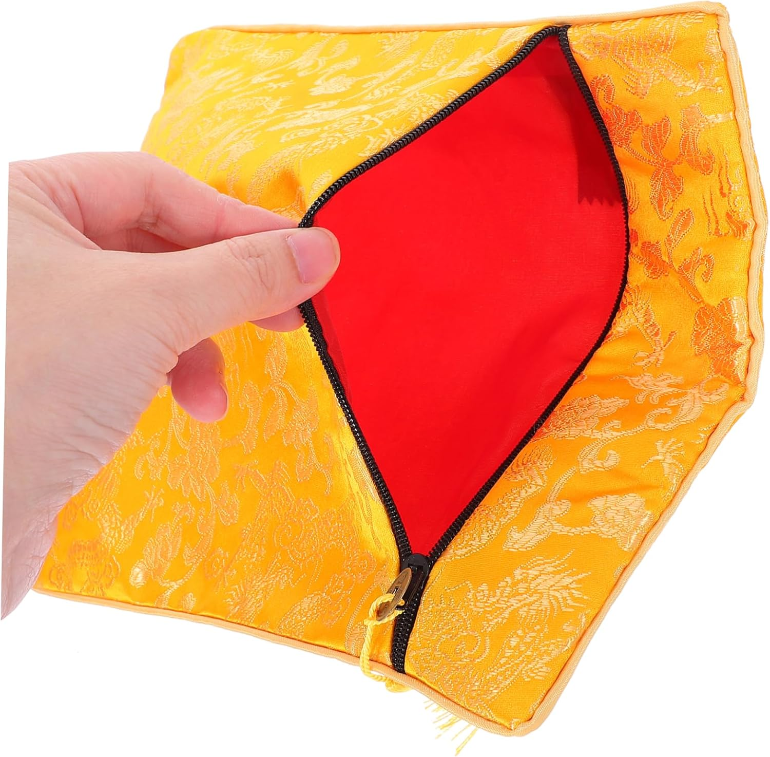 TIDTALEO Buddhist Scriptures Storage Bag Yellow Brocade Fabric Wallet Pouch with Handle for Books Jewelry Prayer Beads Travel Organizer Carry Case image number 3