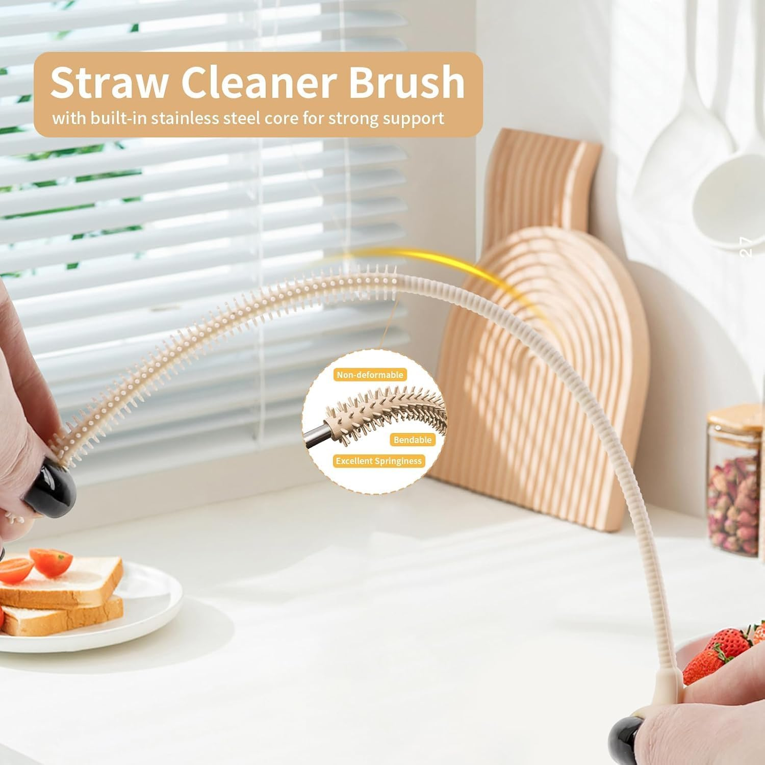 Silicone Straw Cleaner Brush Set - 2PCS Extra Long Reusable Straw Brushes for Glass, Metal & Smoothie Straws - Food Grade Bpa-Free with Non-Slip Handle (6Mm+9Mm, Beige) image number 2