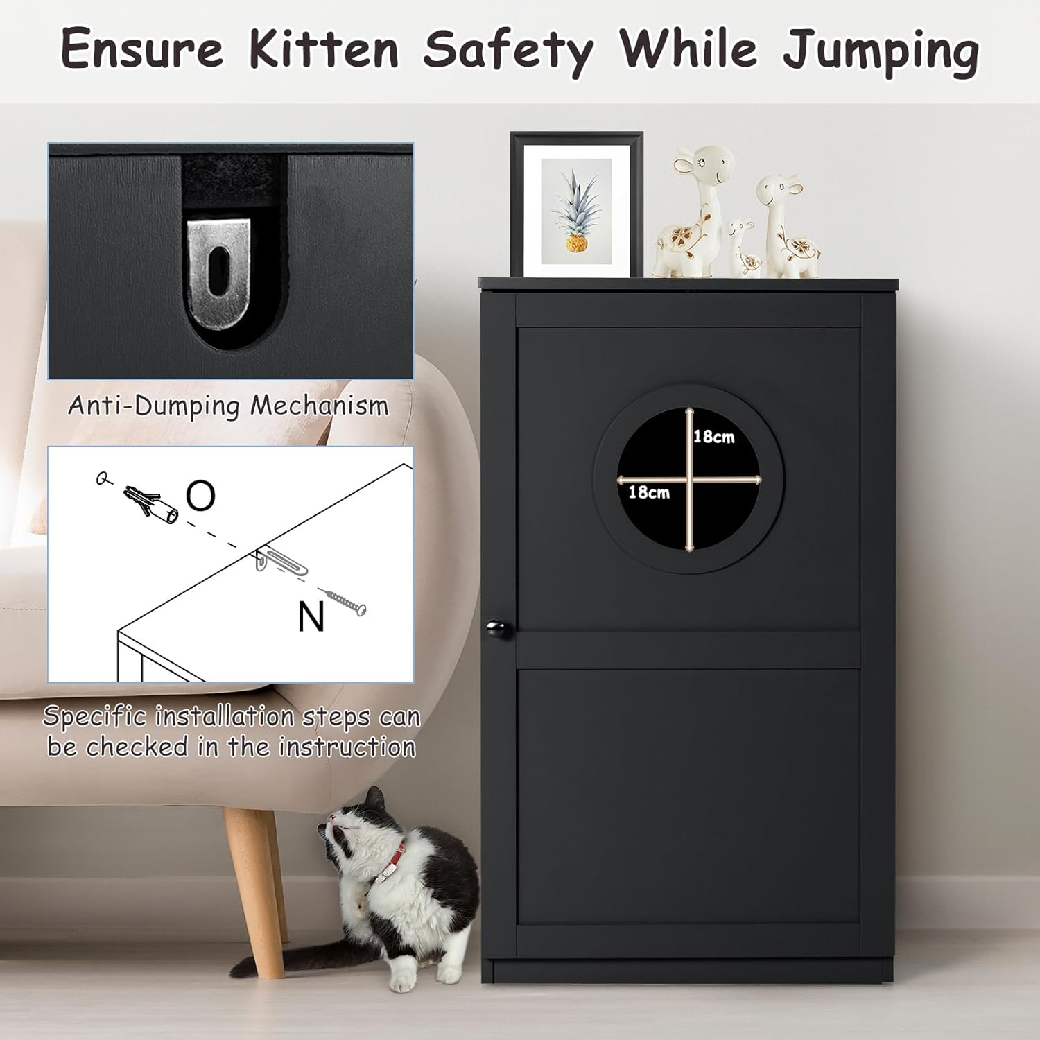 Costway 2-Tier Litter Box Enclosure, Cat House Bench W/Anti-Toppling System & Openable Door, Privacy Cat Washroom W/Multiple Vents & Entrance Hole, Side Storage Cabinet, Home, Pet Store (Black)