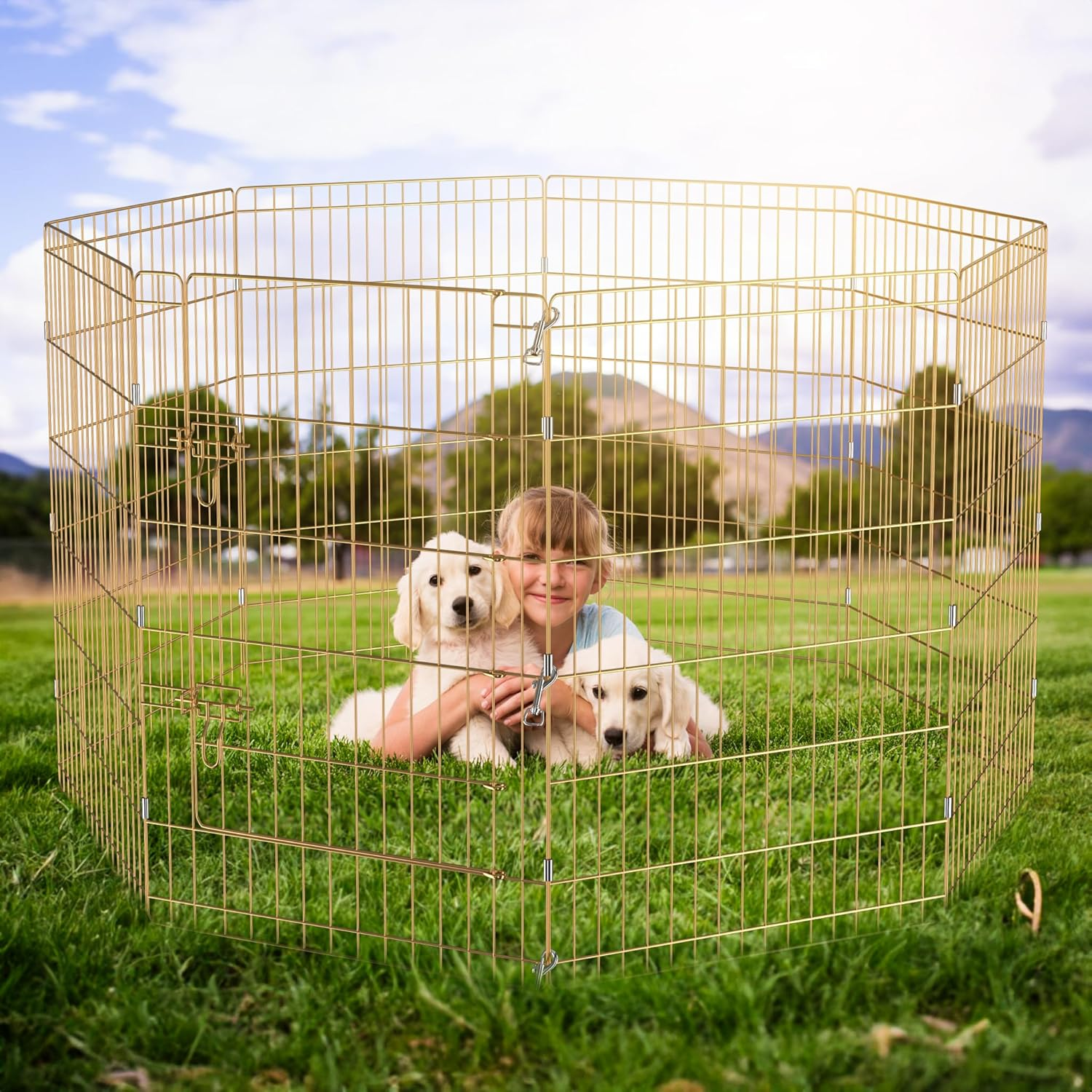 Artmeer Pet Playpen Puppy Kennels Dog Fence Exercise Pen Gate Foldable Dog Crate 8 Panels 36 Inch Options Ideal for Animals Outdoor Indoor (Gold 24''X36'') image number 2