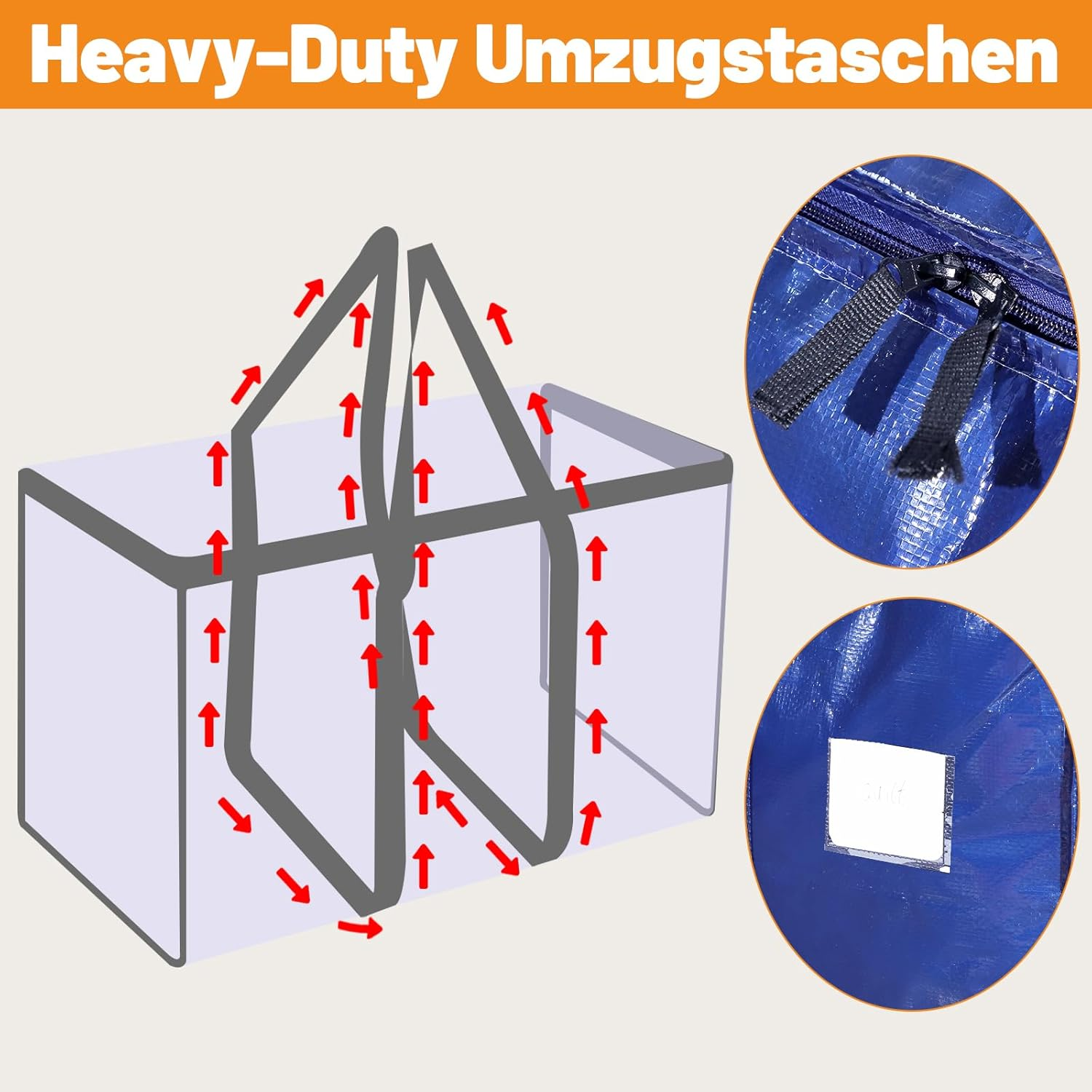 Pack of 6 90L Large Storage Bags with Lid, Foldable Moving Boxes Large with Zip Handle, Clothes Storage, Moving Bags for Moving, Camping, Bed Linen, Clothing Storage, Blue image number 5