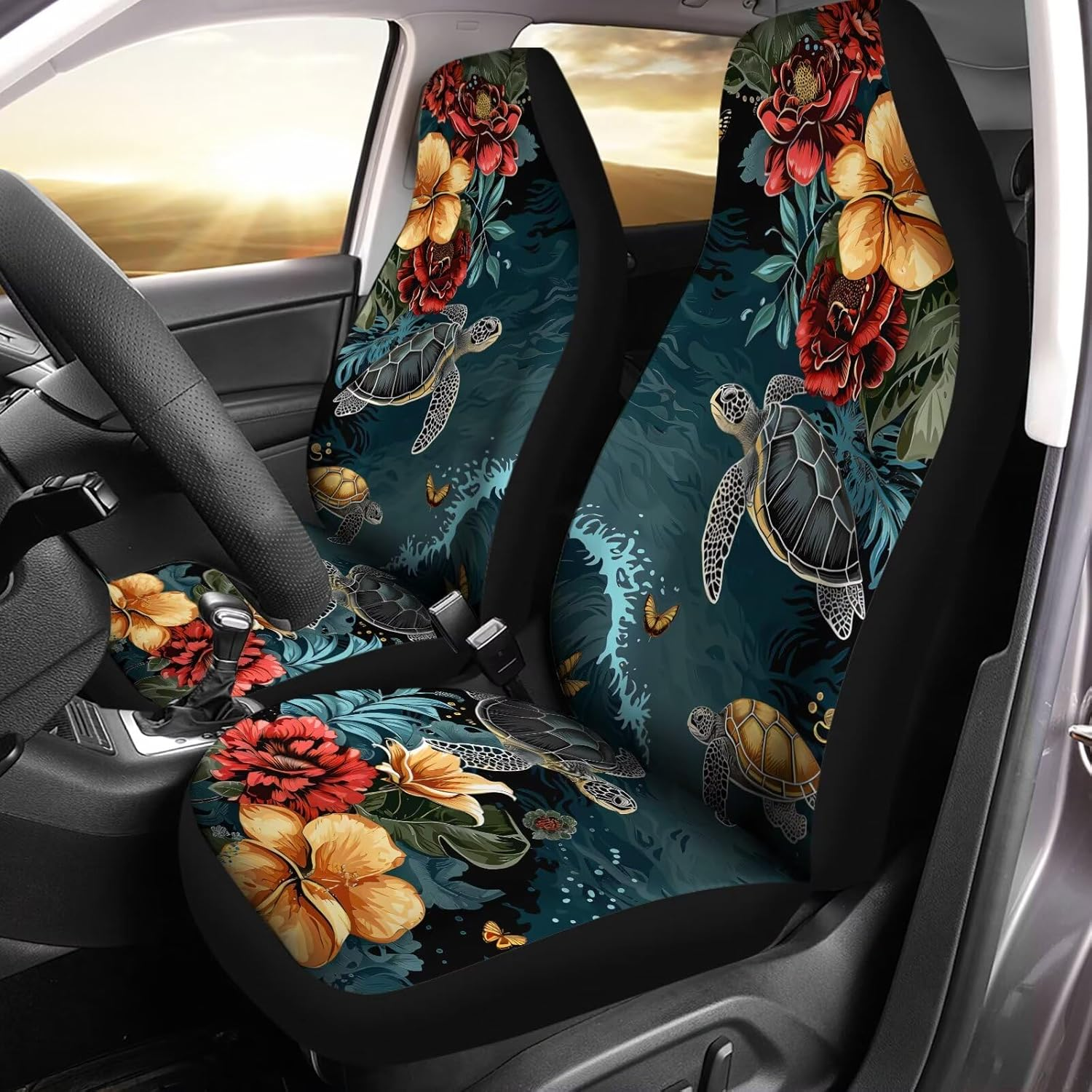 Bulopur Sea Turtle Car Front Seat Covers Full Set Polynesia Floral Auto Seat Covers Stretchable Polyester Automotive Cushion Cover Soft Breathable Auto Interior Decorations