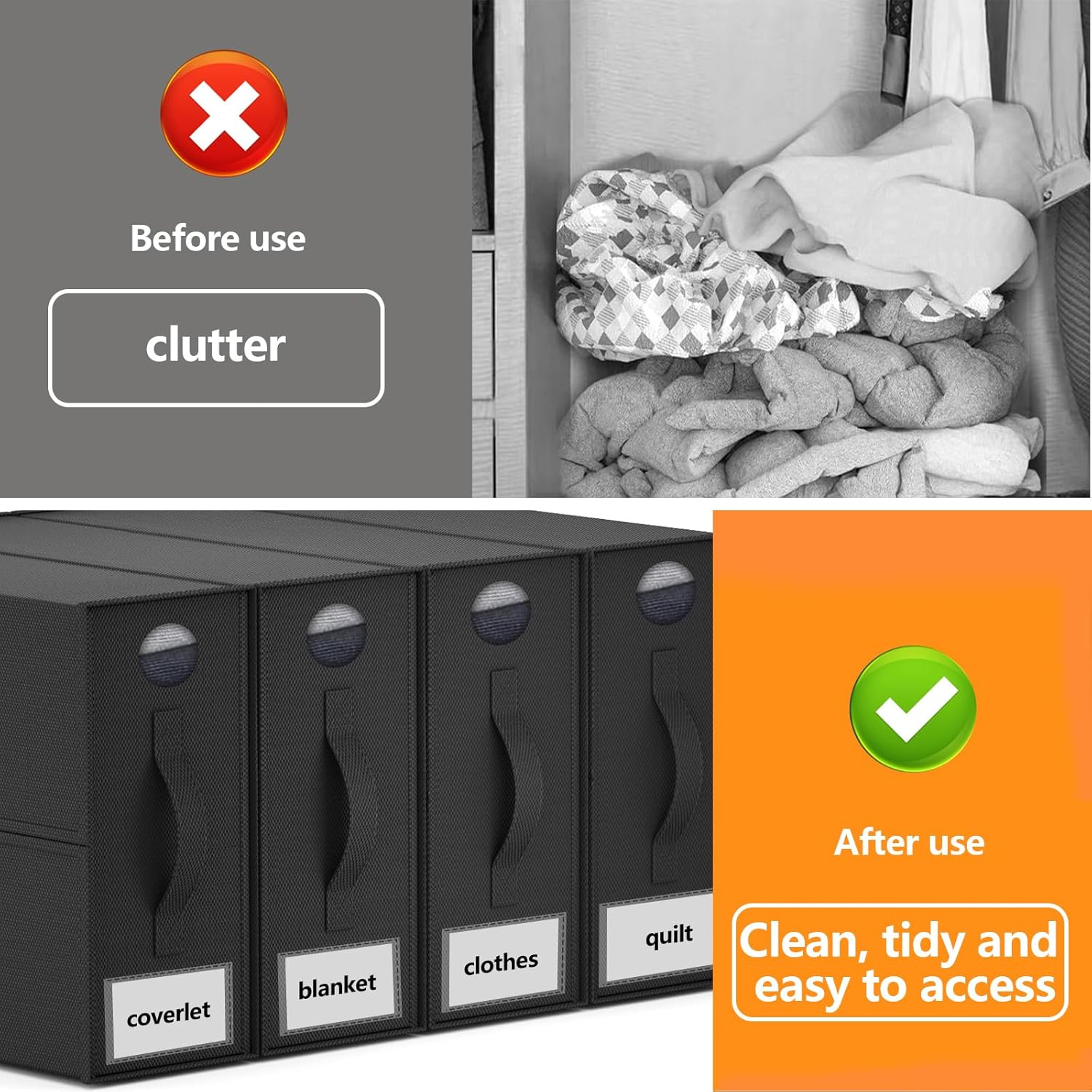 VERONLY 4 Pack Bed Sheet Organisers, Foldable Linen Storage Box with Window for Closets, Duvet Covers and Pillow Cases Wardrobe, Home Storage & Organisation，Black