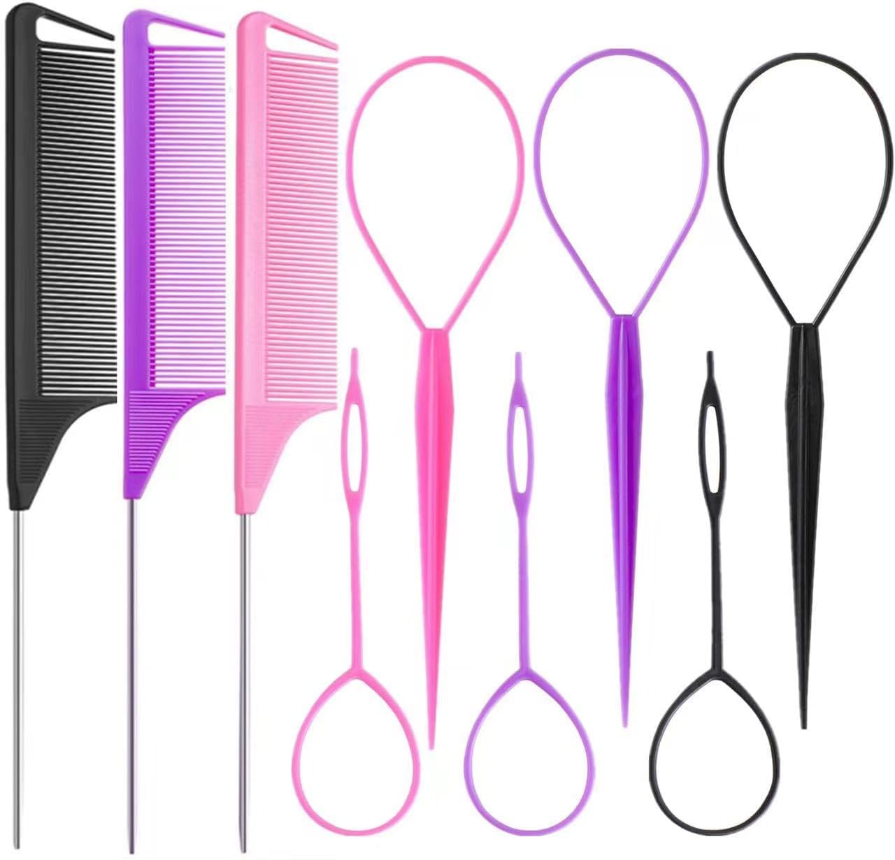 Hair Styling Tool Set, 9 Pieces - 2 Combs, 1 Pick, 4 Tail Combs, Purple and Pink