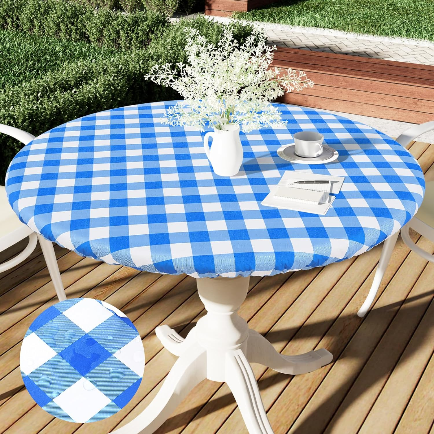 Smiry round Picnic Table Cloth, Elastic Waterproof Fitted Vinyl Tablecloth for 36"-44" Tables, Flannel Backed Buffalo Plaid Table Covers for Dining, Camping, Outdoor, White and Blue