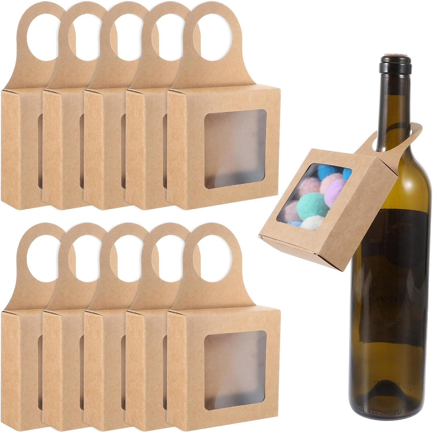 Jeffdad 10PCS Kraft Paper Wine Bottle Box with Window, Hanging Foldable Gift Boxes Wine Boxes Decoration Bottle Hanger Favor Box for Kitchen Dining Engagement Christmas Mother'S Day (Kraft Paper) image number 3