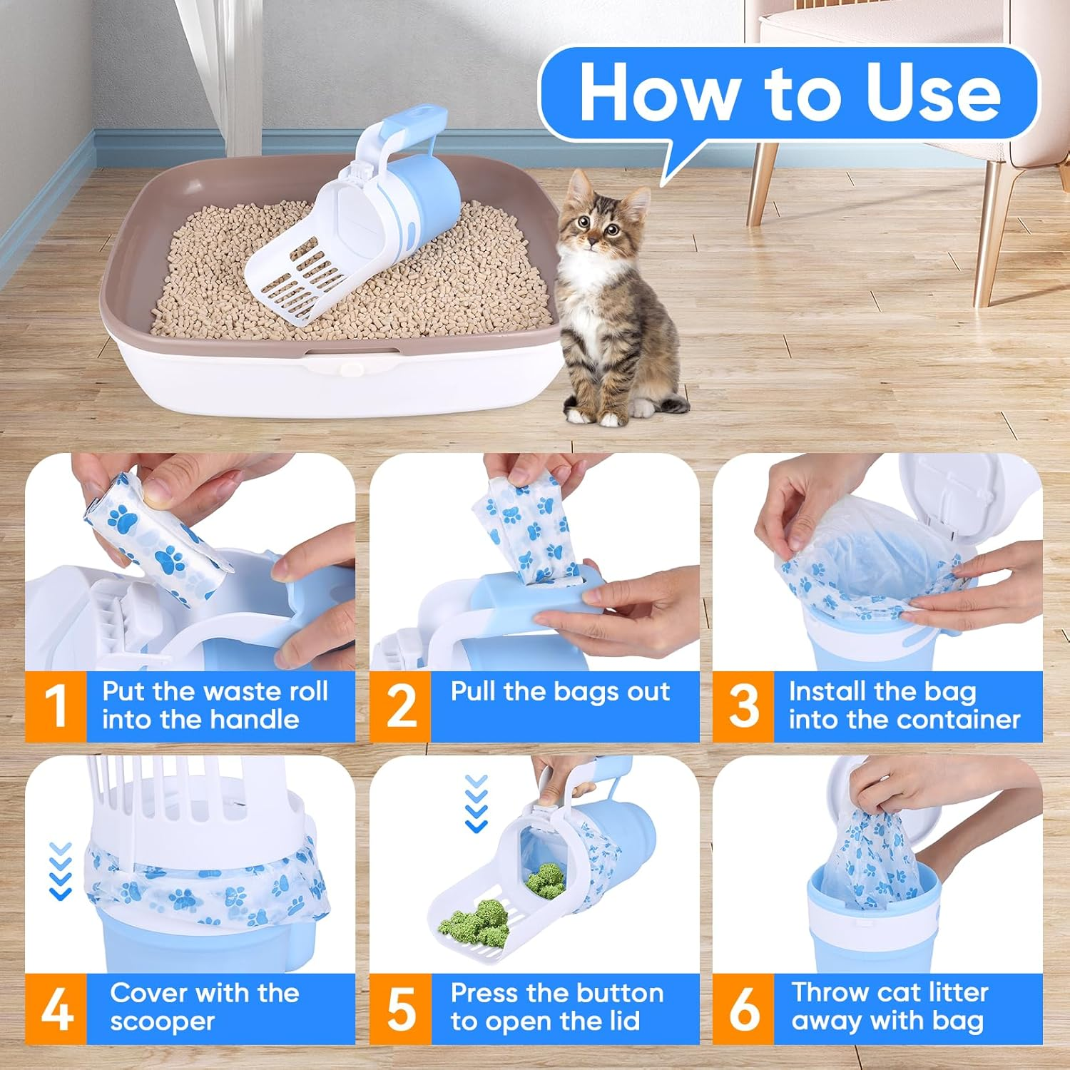 MYPIN Foldable Cat Litter Scoop with Bags, Upgraded Cat Litter Scoop with Holder and Waste Bin, Cat Litter Scoop with Extra 135 Waste Bags, Portable Cat Litter Scoop (Blue) image number 6