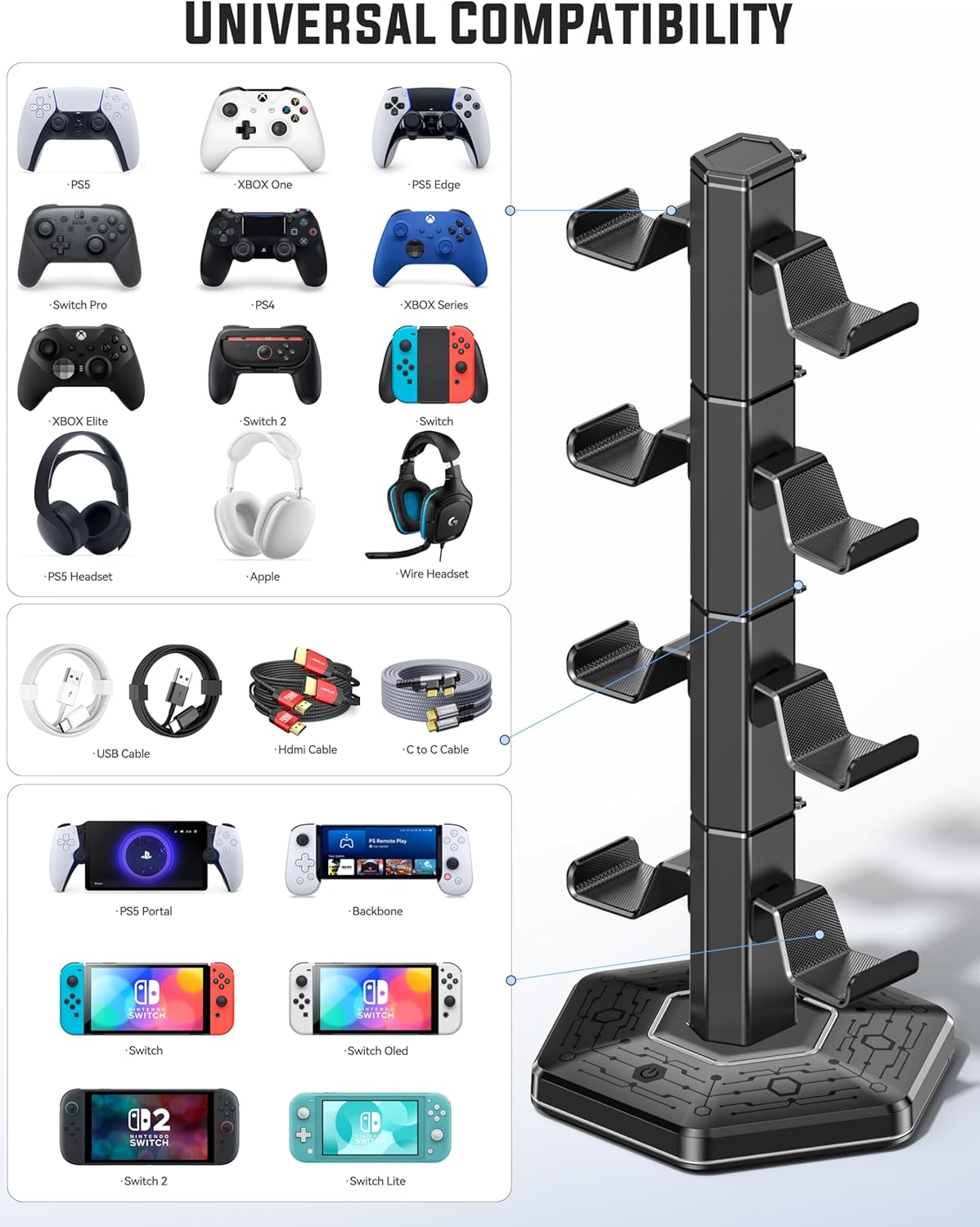 Kytok RGB Controller Holder for Ps5/Ps4/Xbox/Switch, Headphone Stand with 2 USB Charging Ports & Type-C & Headphone Jack, Controller Stand with Cable Organizer, Headset Holder for Desk, 4 Tiers Black image number 2