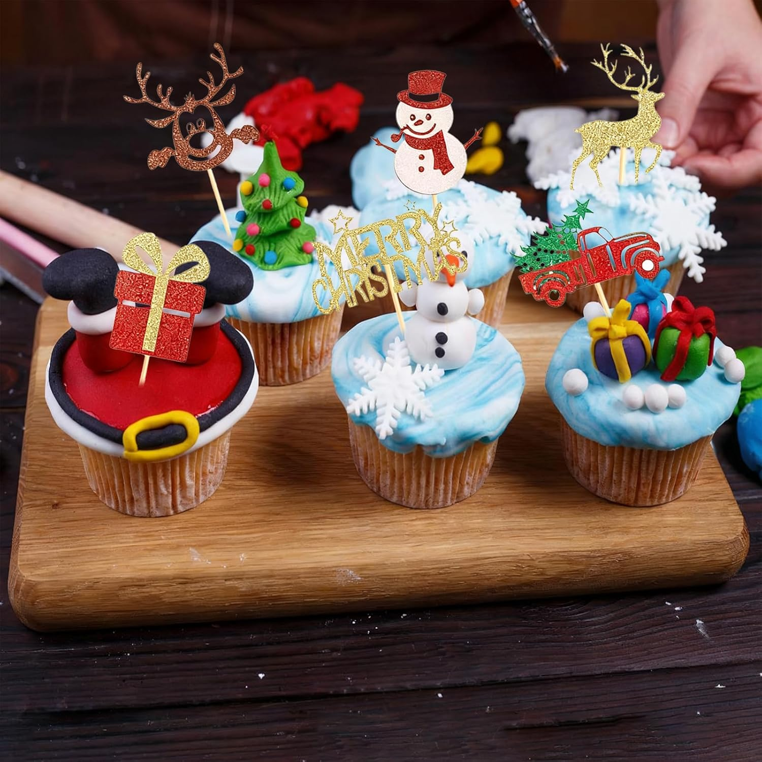 60Pcs Merry Christmas Cupcake Toppers, Glitter Christmas Eve Xmas Cupcake Picks Christmas Tree Cupcake Toppers for Christmas Theme New Year Holiday Party Cake Decorations,Mix Style image number 6