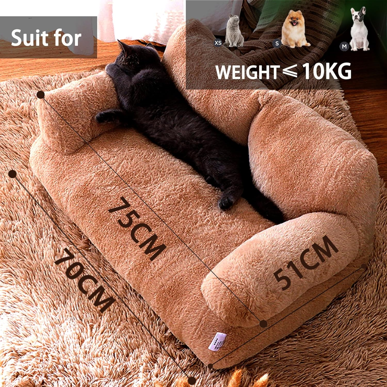 Dog Bed for Cats Medium Dogs, Pets Sofa Bed with Removable Washable Cover, Nonskid Bottom & Fine Crystal Velvet Fabric, Includes Dog Pillow - Full & Three-Dimensional, Memory Resilience image number 3