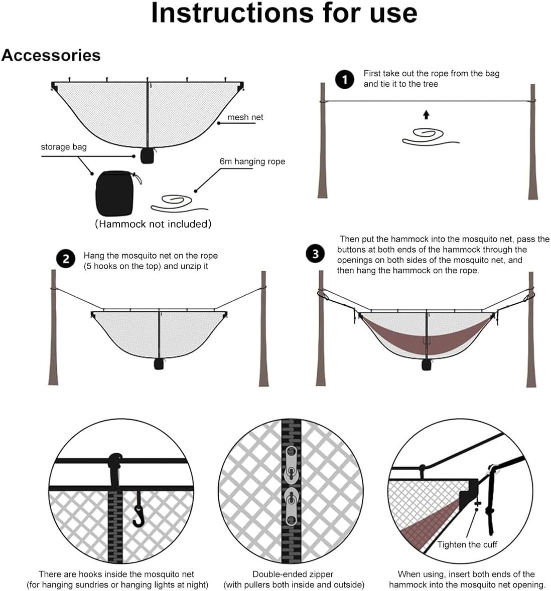 AIMALL Separate Mosquito Net Cover for Hammock, Anti-Mosquito Outdoor Net with Zipper and Hooks, Durable, 6M Hanging Rope for Outdoor Camping and Travel, No Hammock Included - Grey image number 6