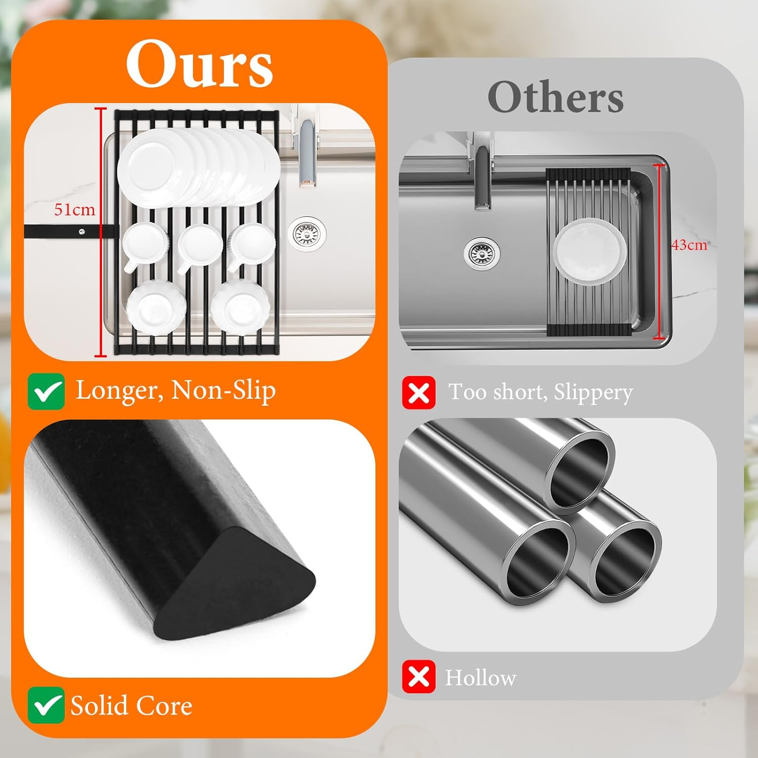 Euqvunn Roll Dish, Large Foldable Sink Drainer Mat Rack with Anti-Slip Silicone Edges and Strap, for Drying Plates, Bowls, Cups, 51X32Cm, Black image number 3