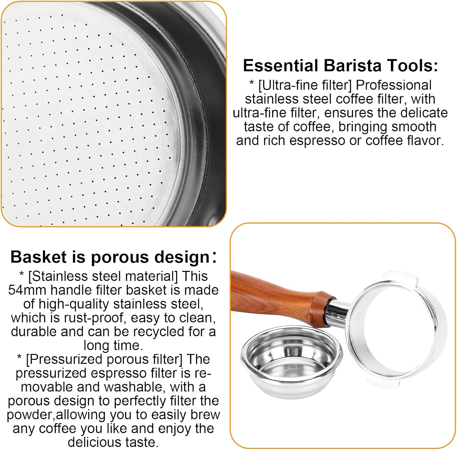54Mm Bottomless Portafilter with Walnut Handle, Compatible with Breville 8 Series, Bambino, Delonghi EC680/685, CASABREWS, Mr. Coffee &ndash; Includes Filter Baskets, Puck Screen, Spoon & Brush (M) image number 3