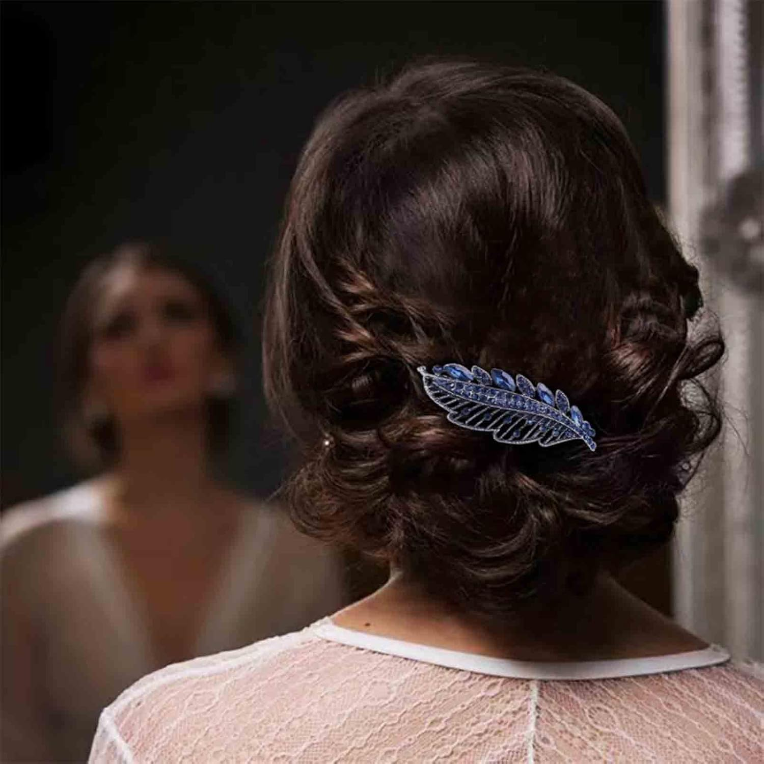 Yheakne Rhinestone Wedding Hair Clip Barrette Blue Crystal Hair Clip Shiny Bridal Headwear Decorative Headpiece Sapphire Crystal Hair Clip Bridal Hair Accessories for Women and Girls (Blue A) image number 6