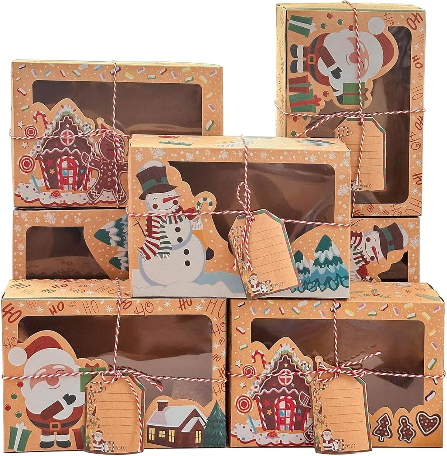 12 Piece Christmas Cookie Boxes with Window, Large Holiday Kraft Bakery Snack Boxes with Window, DIY Tags and Ribbons,Christmas Kraft Cupcake Boxes for Gift Giving Xmas Food Containers