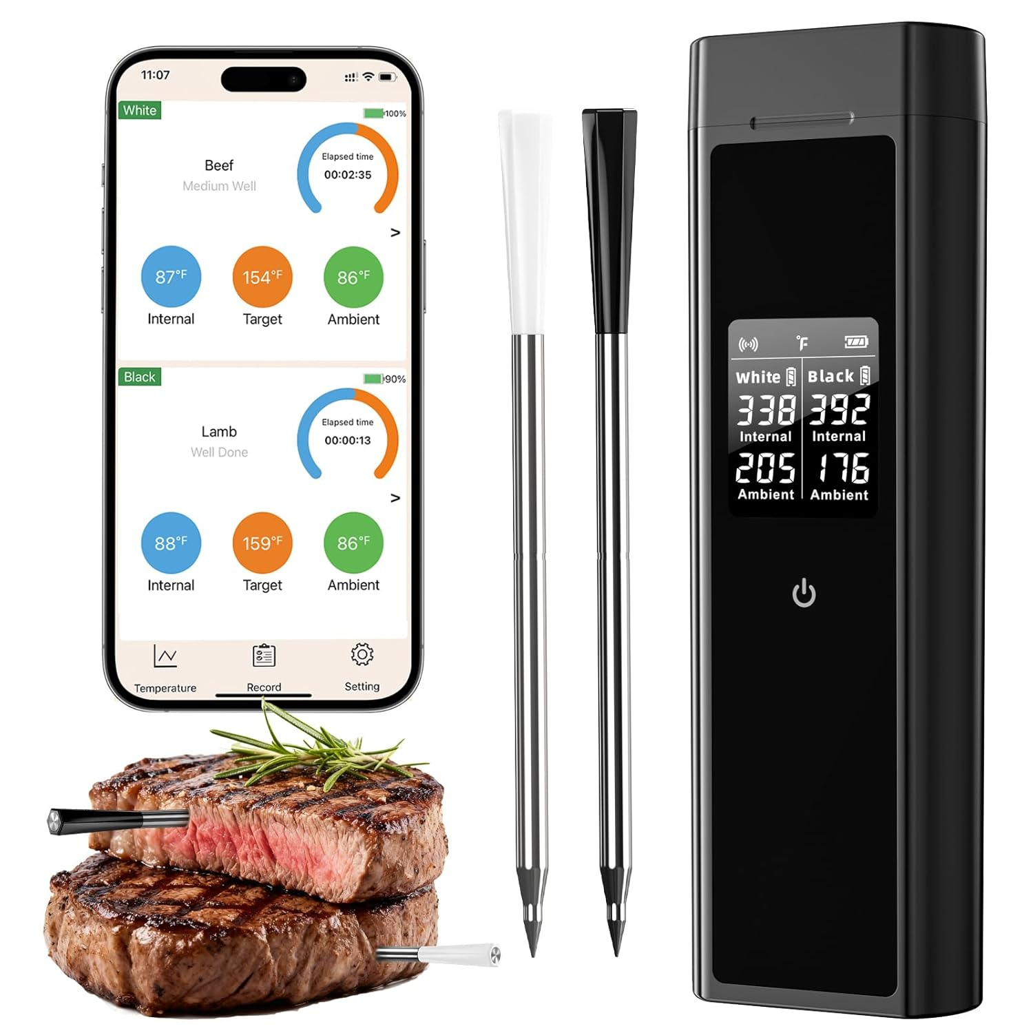 Blueswan Bluetooth Meat Thermometer Digital, Food Thermometer Wireless 820 Ft Range with 2 Color Probes with APP for Grill, Smoker, Oven, Magnetic Design for Cooking, BBQ, Valentines Day Gifts for Him image number 3