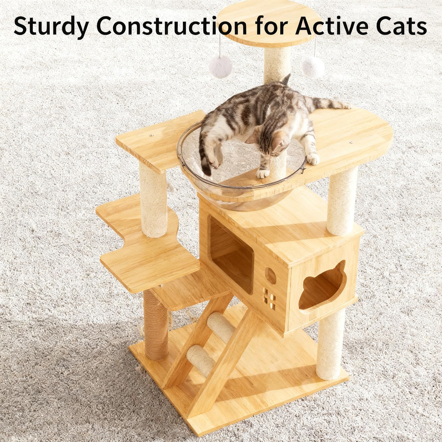 VIC Wooden Cat Tree, 150Cm/130Cm/120Cm Cat Furniture with Scratching Posts, Modern Cat Tower with Hammocks, Toys, Cat Condo Modern Environmental-Friendly Woodcraft Style (1.3M)