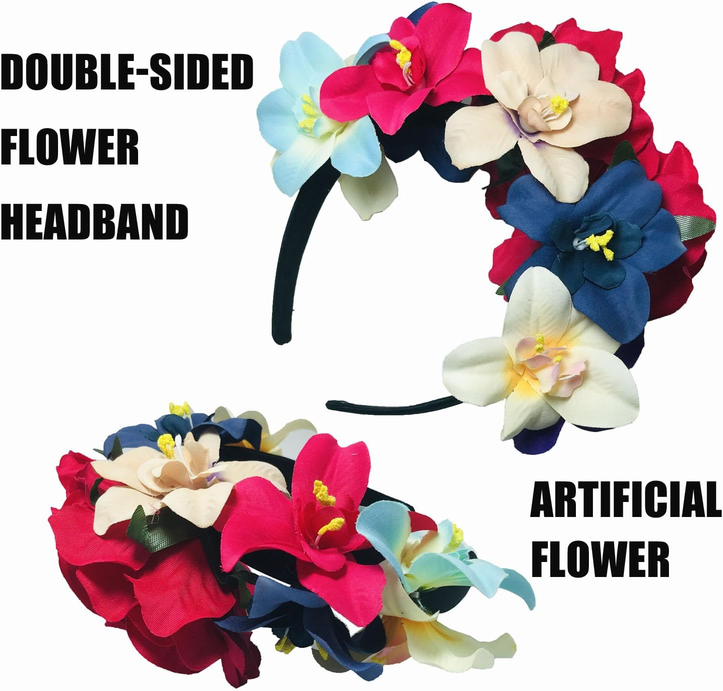OHEETU Mexican Floral Headband Double Sided Rose Flower Crown Hairband Cosplay Hair Accessory for Halloween Carnival Wedding Party image number 1