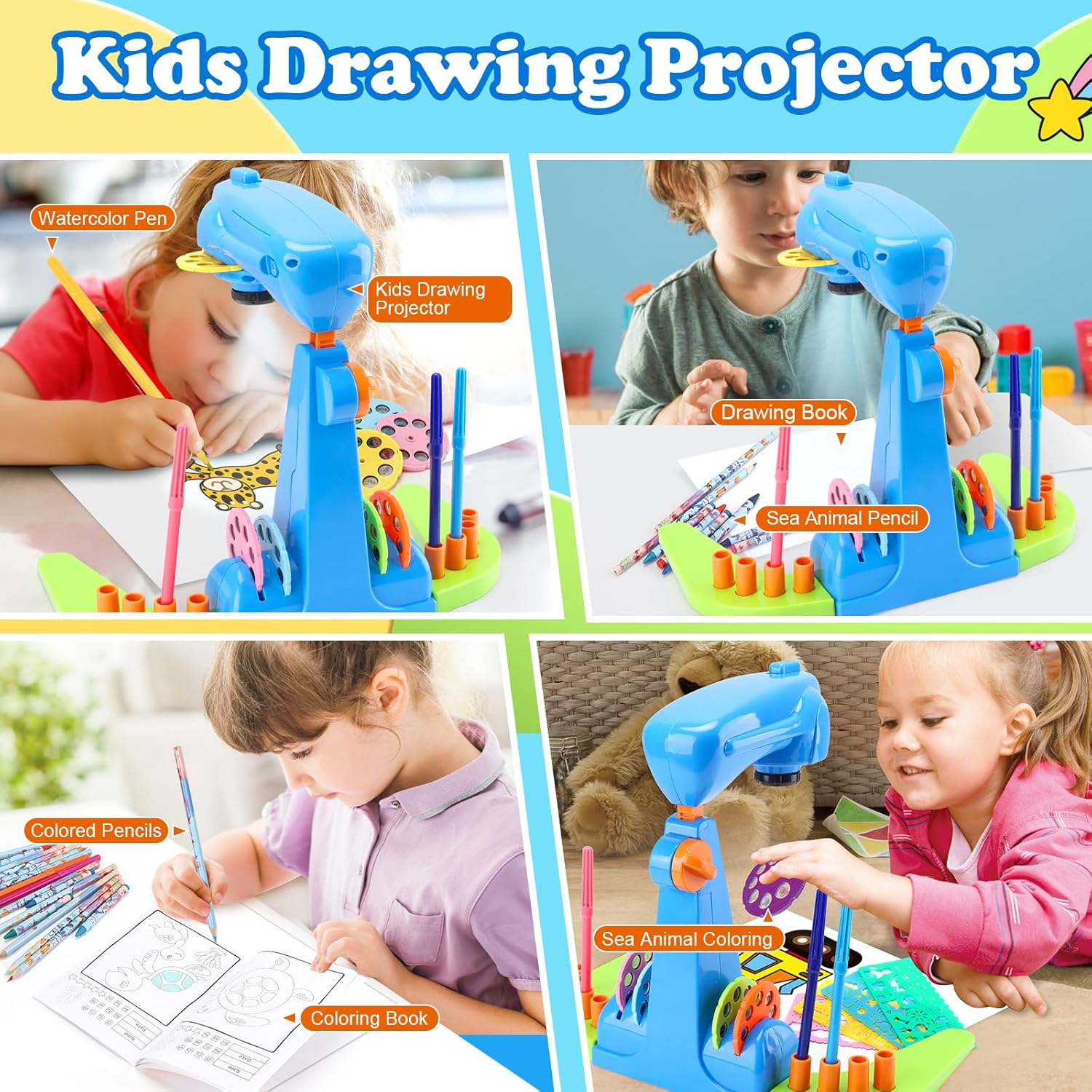 Kids Drawing Projector Kit - Complete Art & Craft Set for Girls Ages 3+ with Crayons, Stencils & Coloring Books (Blue) image number 5