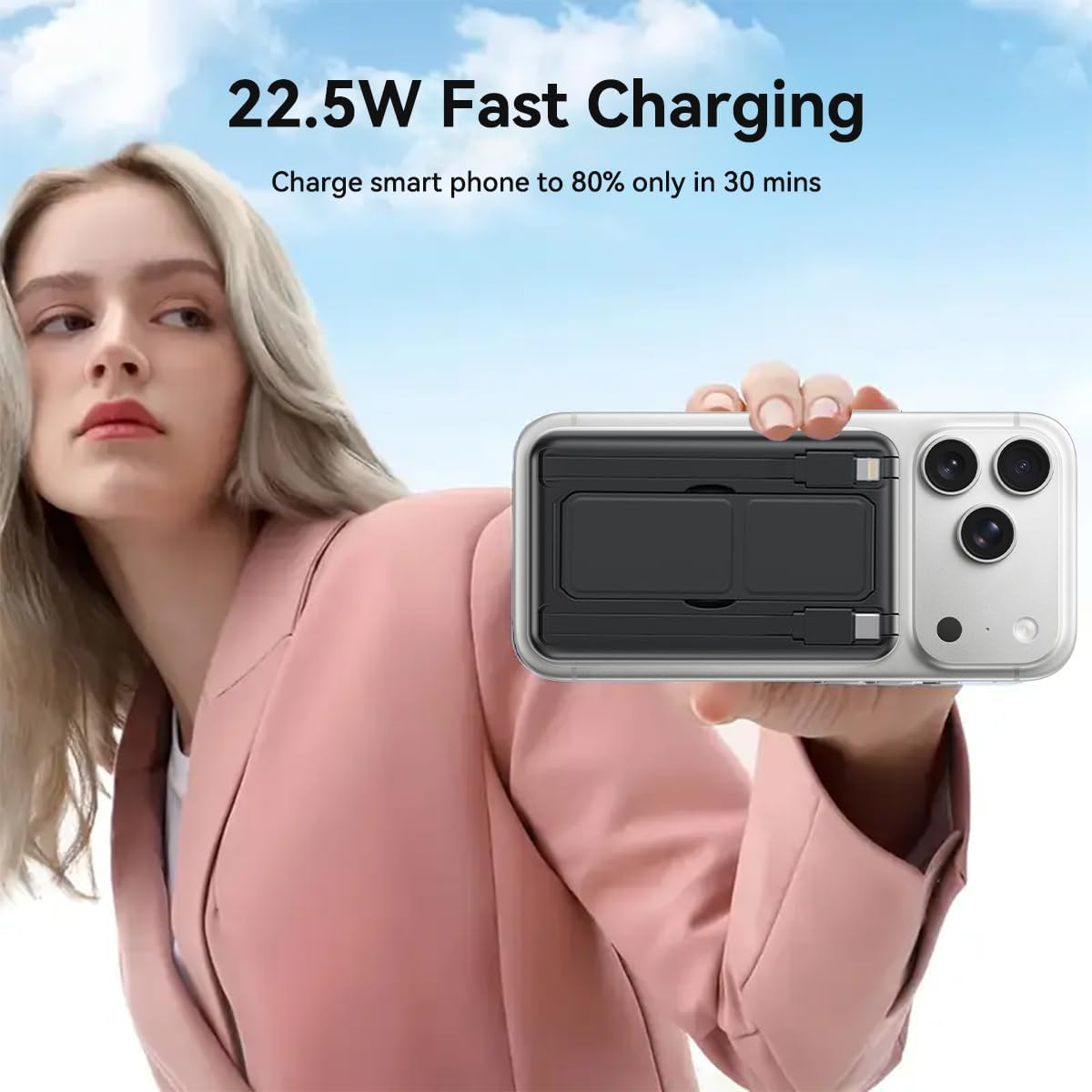 Magnetic Power Bank 20000Mah Portable Charger Wireless LED Display 22.5W Fast Charging Built in 2 Cables and Type-C/Lighting/Usb with Foldable Stand Compatible with Iphone 17 Cell Phone Series-Black