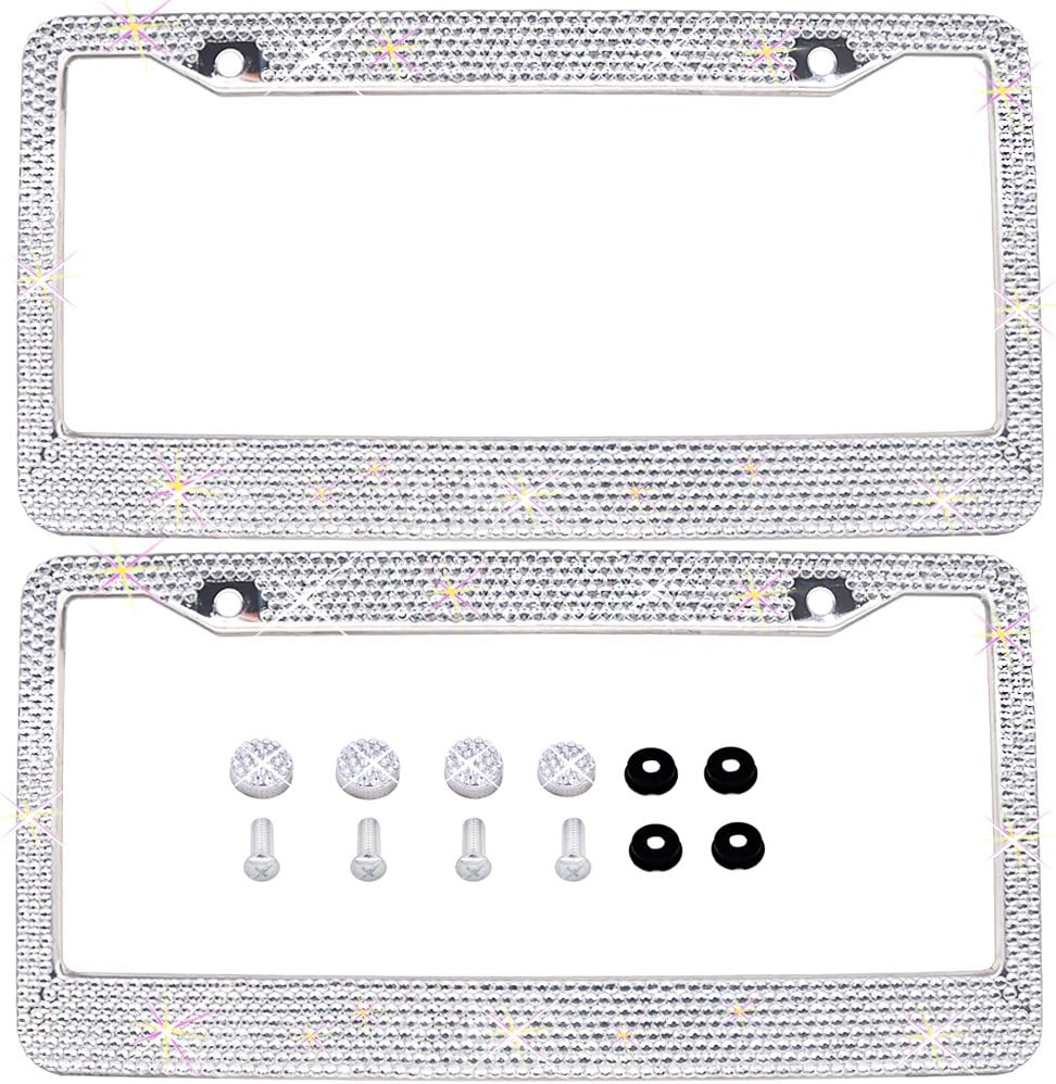 Bling Bling License Plate Frames 2 Pack - Pure Handmade Waterproof Glitter Rhinestones Crystal White License Plate Frame for Cars with 2 Holes Bonus Matching Screws Caps Set image number 3