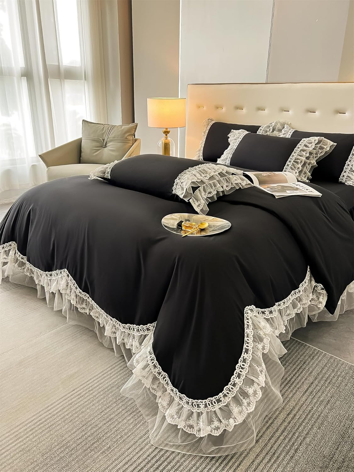 MOOWOO Chic Ruffle Lace Polyester Duvet Cover Set -Girl Black Bedding-3 Piece Queen Duvet Cover with Zipper Closure -Ultra Soft and Light Weight (Black,Full) image number 4
