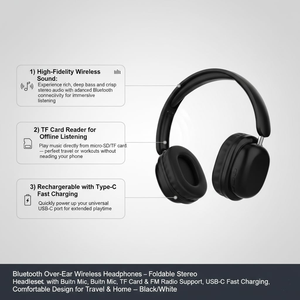 Bluetooth Headphones - Black/White, TF Card | Wireless Over-Ear Headset with TF Card Reader & Type-C Charging image number 4