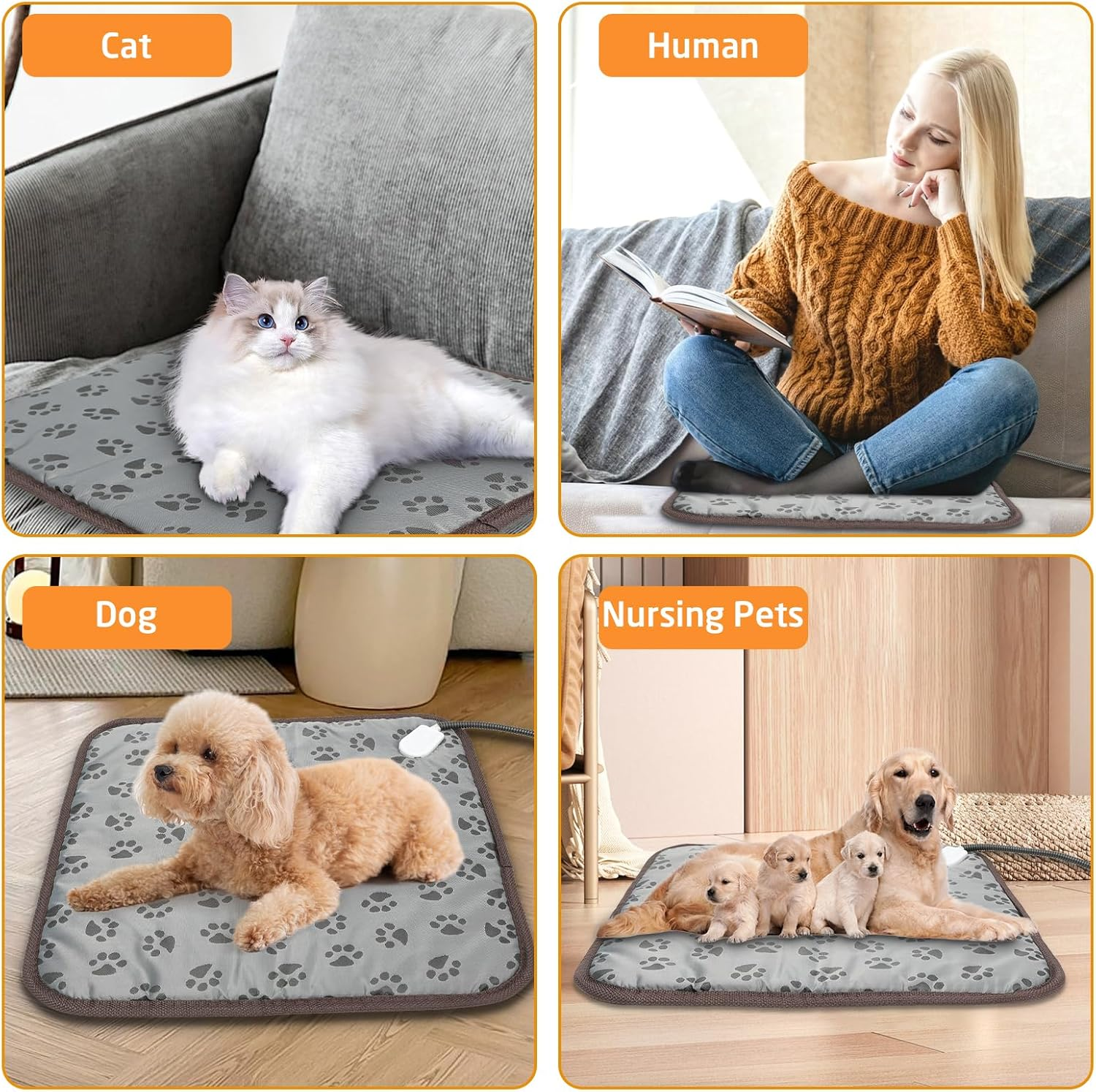 Joywoof Pet Heated Mat for Cats Cats and Dogs,Warming Puppy Heating Bed with Indicator and Switch,Waterproof Heated Animal Bed with Bite Resistant Cable 45X45Cm Gray