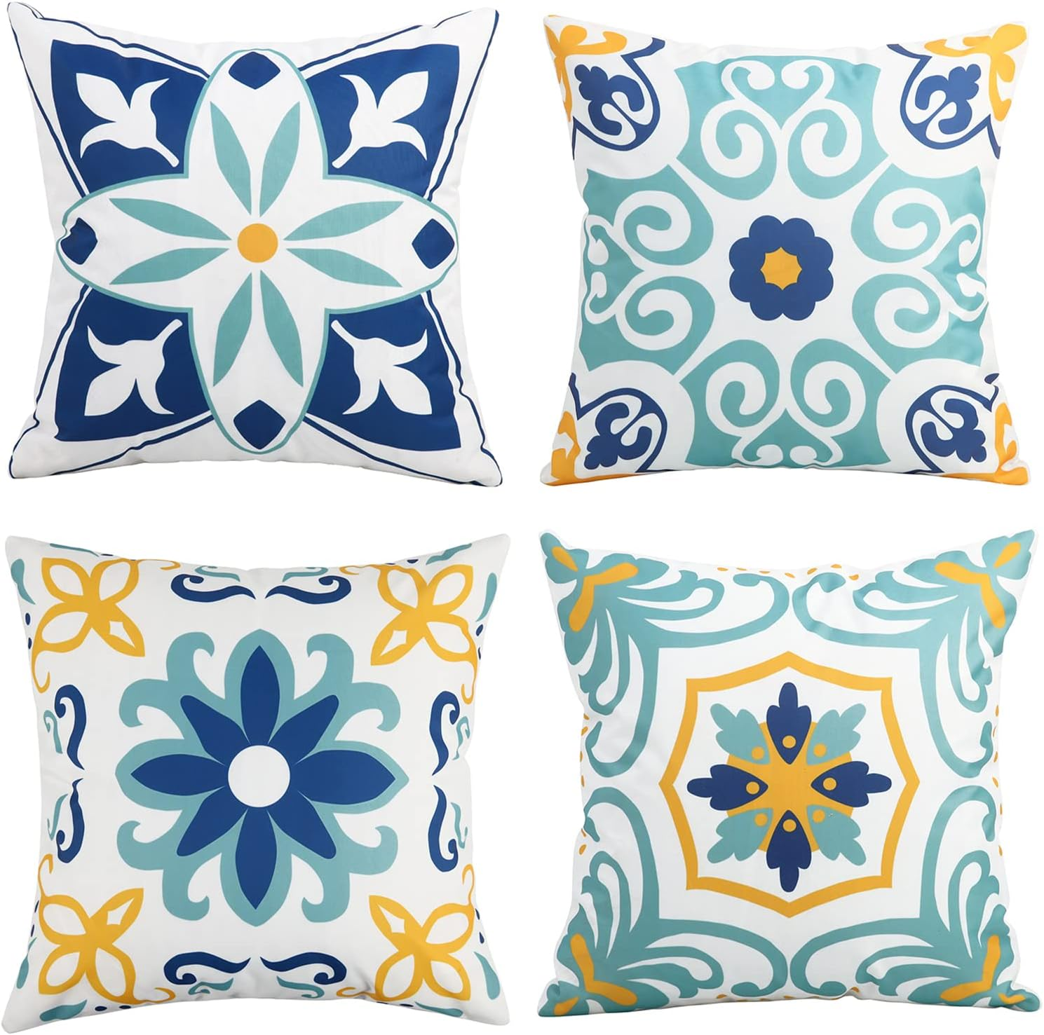 Outdoor Waterproof Throw Pillow Covers Set of 4 Floral Printed and Boho Farmhouse Outdoor Pillow Covers for Patio Funiture Garden 18X18 Inch Yellow