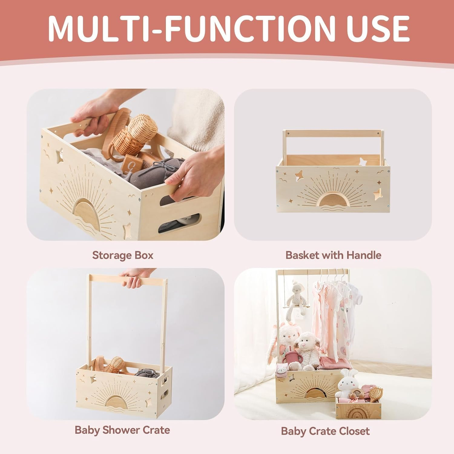 Wooden Baby Shower Crate Closet Set, Shower Party Basket with Handle and Swing, Large Capacity Baby Storage Crate, Newborn Baby Gifts Basket for Pregnancy New Parent (2 PCS) image number 4
