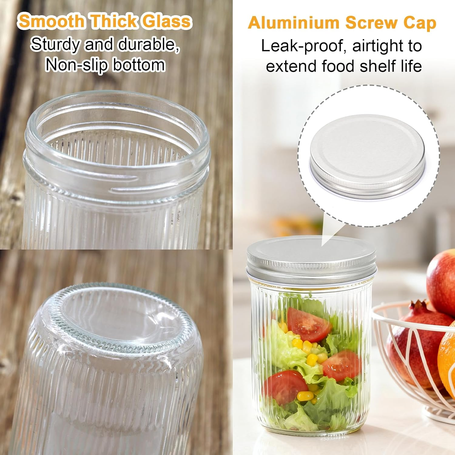Acetiti 500Ml/17 Oz Glass Mason Jars with Silver Metal Lids, Set of 5 Vintage Wide Mouth Canning Jars with Labels for Overnight Oats, Food Storage, Jam, Honey, Pickling (500Ml-Vertical Stripes) image number 3