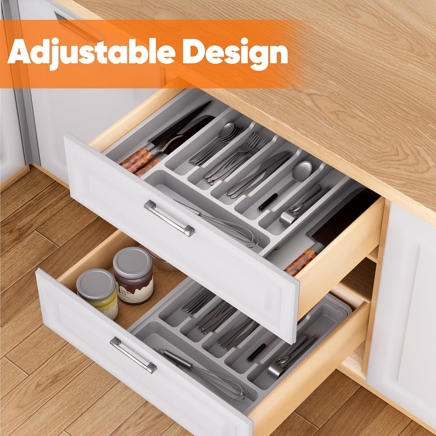 Cutlery Drawer Organiser Expandable Utensil Storage Box, Large Adjustable Silverware and Flatware Holder, Kitchen Organizer with Space Saving Design for Knives, Forks, Spoons, White image number 5