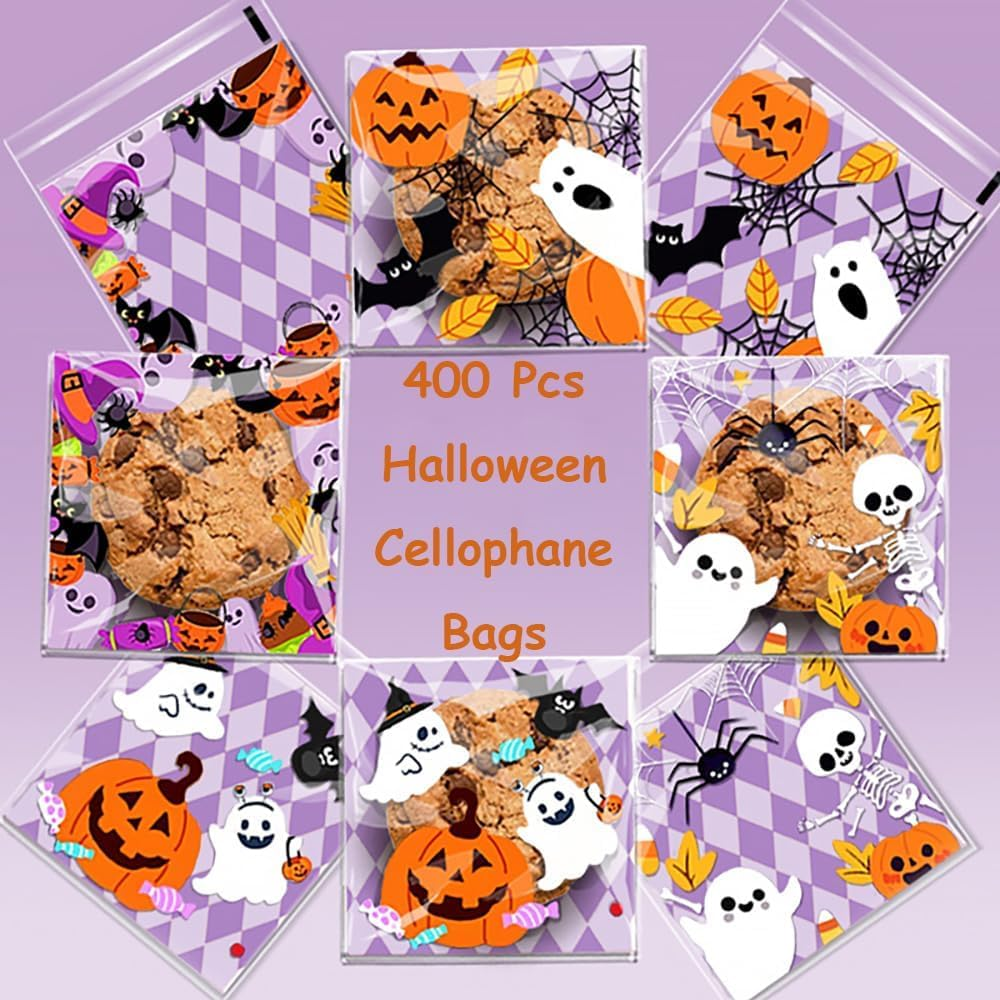 ZANZER 400 PCS Halloween Cellophane Treat Bags - Self-Adhesive Clear Bags for Trick or Treat Candy, Cookies, Snacks, Gifts, Party Favors image number 1