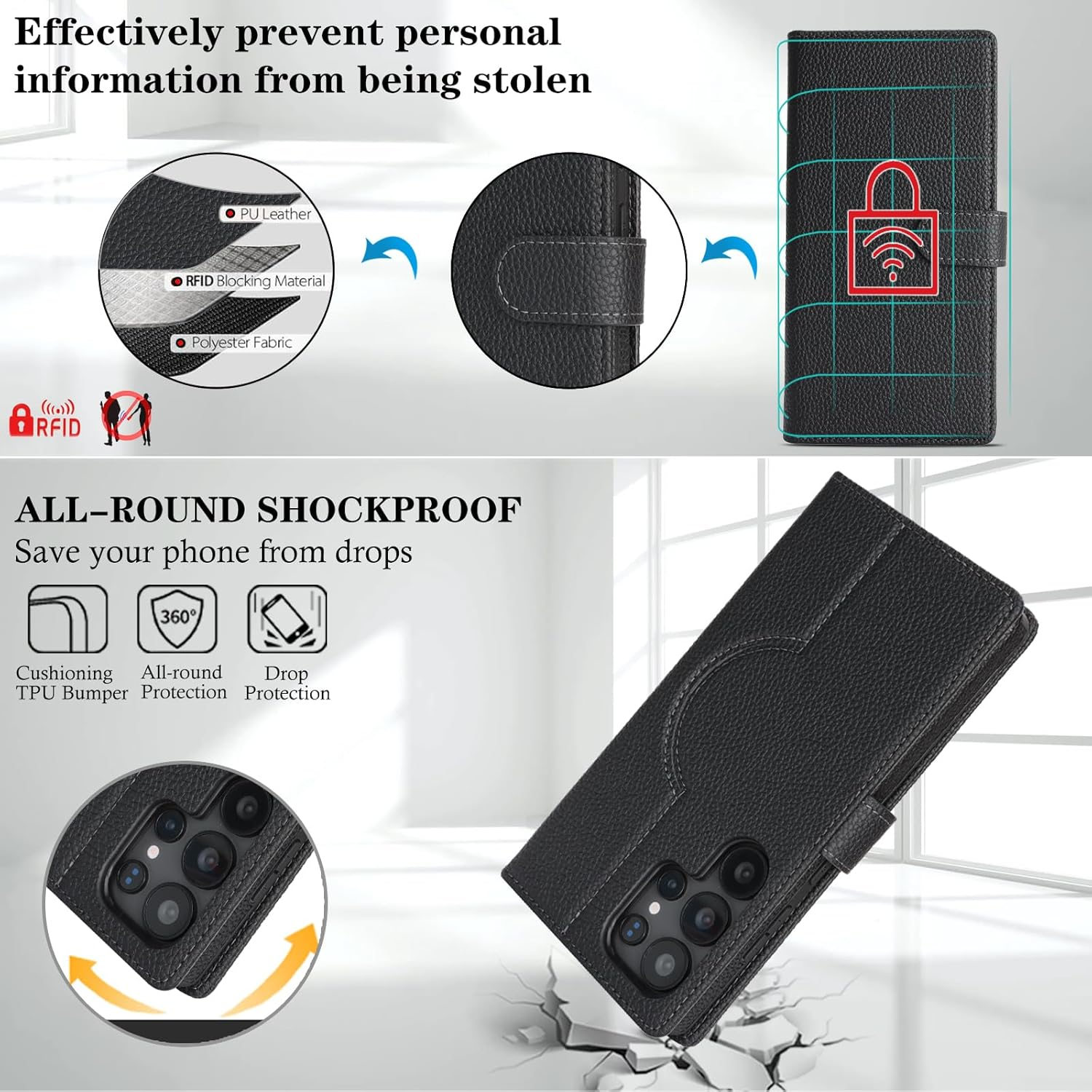 Cavor for Samsung Galaxy S25 Ultra Wallet Case Litchi Leather Case 2 in 1 Magnetic Detachable Support Magsafe Charging with Kickstand and Card Holder Flip Folio Protective Cover -Litchi Black image number 4