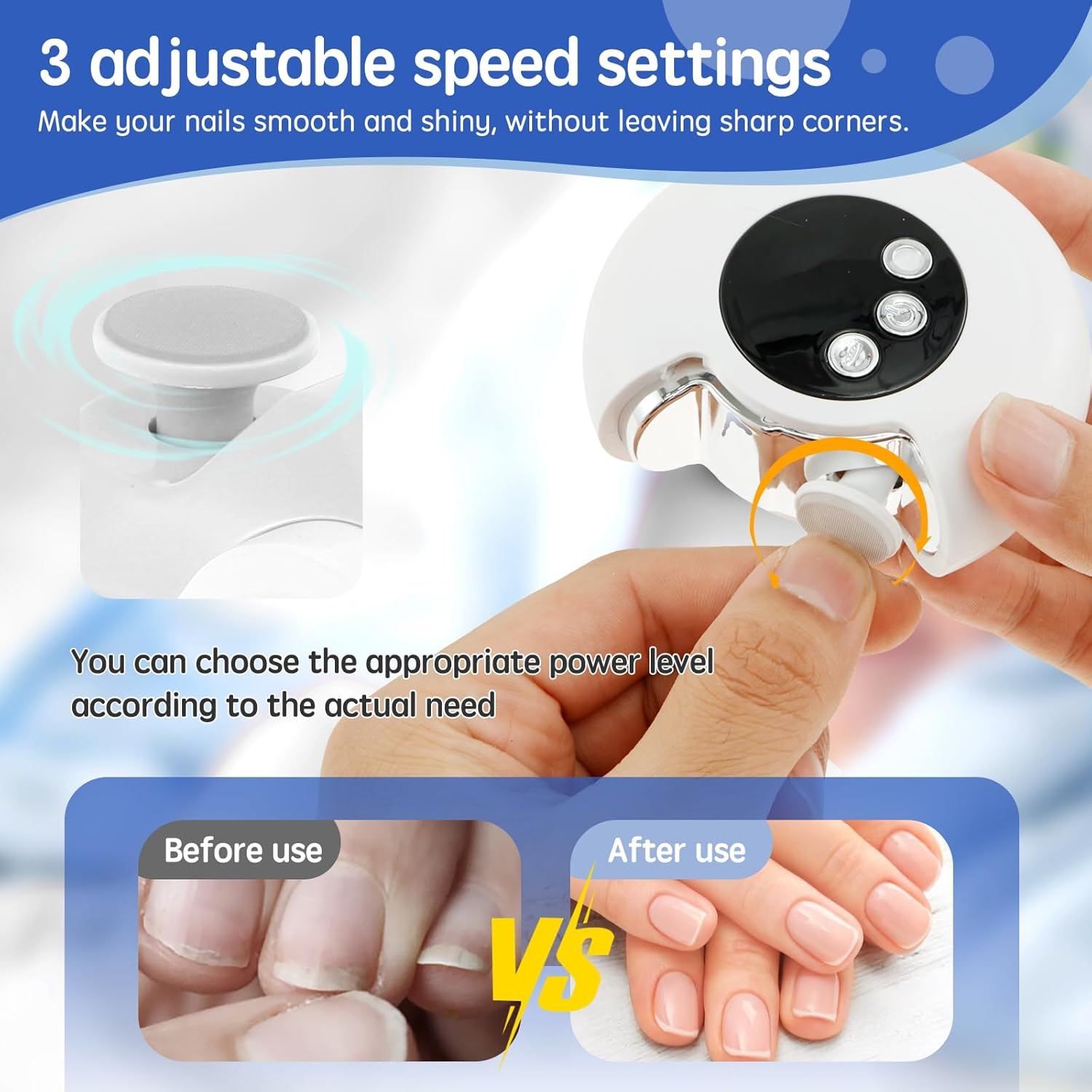 Electric Nail Clippers 3 in 1 USB Rechargeable Auto Nail Clipper 360&deg; Rotating Electric Nail Sharpener with LED Light and 2 Adjustable Speeds and Nail Clip Suitable for Adults image number 4