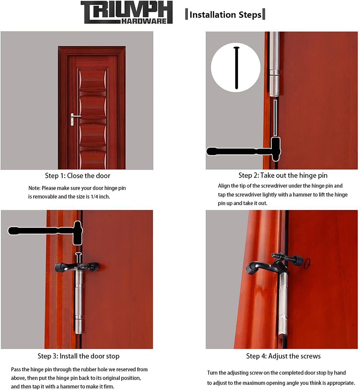 Triumph Hardware 2 Pack Hinge Pin Door Stopper,Adjustable Heavy Duty Door Stopper 2-3/8"X15/16&rdquo;,Brushed Satin Nickel,With Black Rubber Bumper Tips image number 2