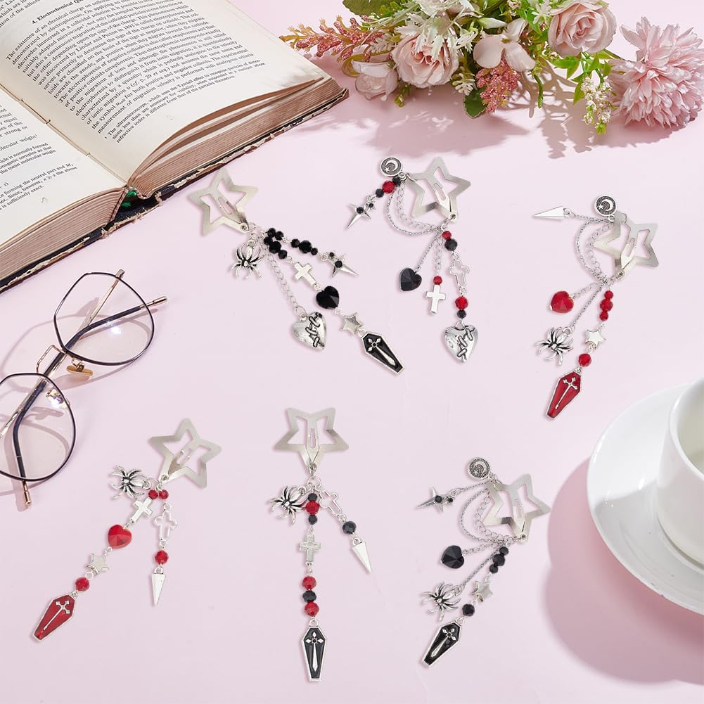 SUNNYCLUE 1 Box DIY 6 Sets Tassels Hair Clips Making Kit Halloween Gothic Hairclips Cross Coffin Charms Black Red Heart Beads Star Hairpins Accessories for Women Braid Long Short Thin Thick Hair image number 6