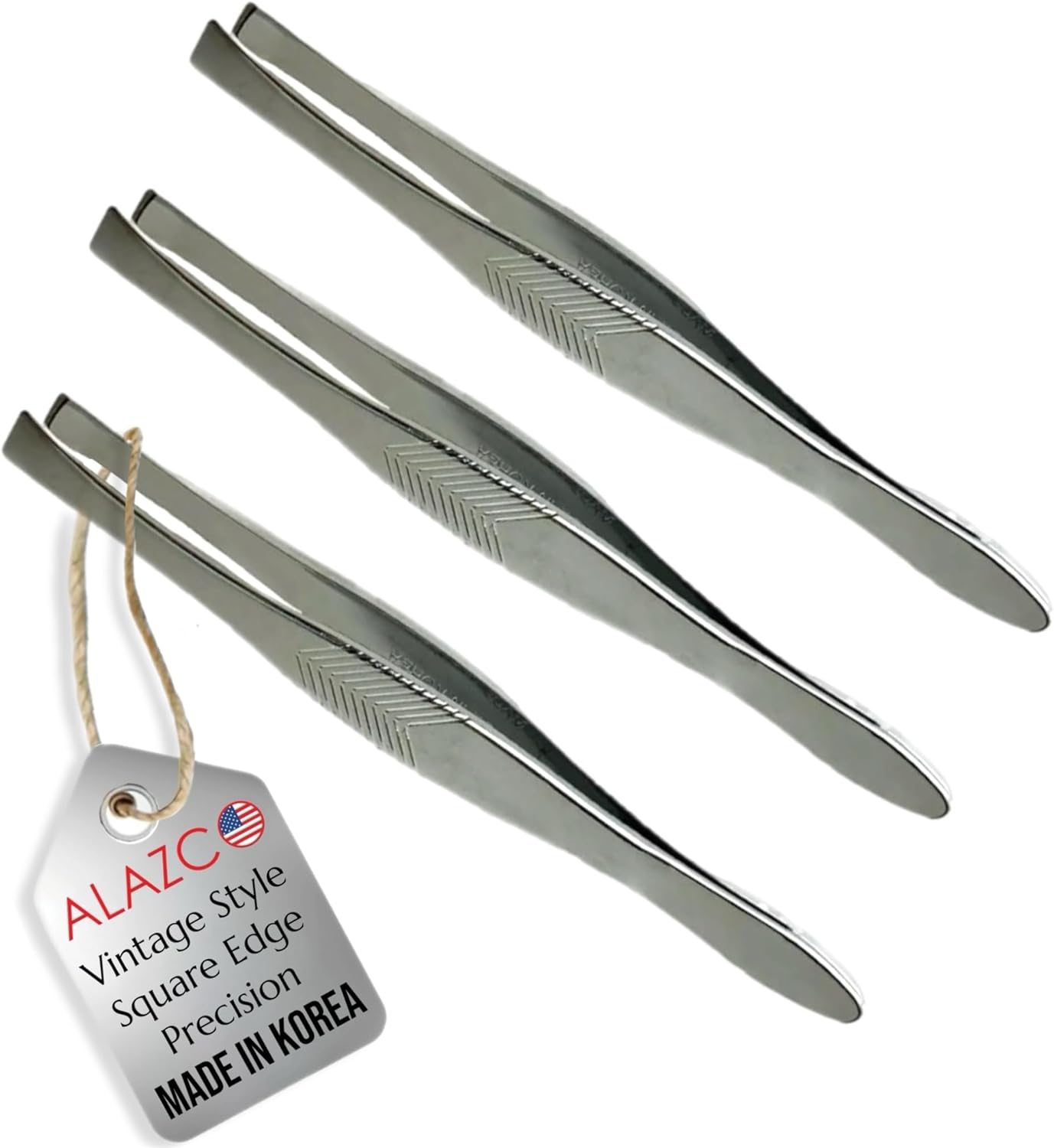 3 Vintage Style Square Tip Ribbed Professional Tweezers for Eyebrows Premium Precision for Facial Hair Splinter Ingrown Hair Removal Straight Tip Women Men Made in Korea image number 4