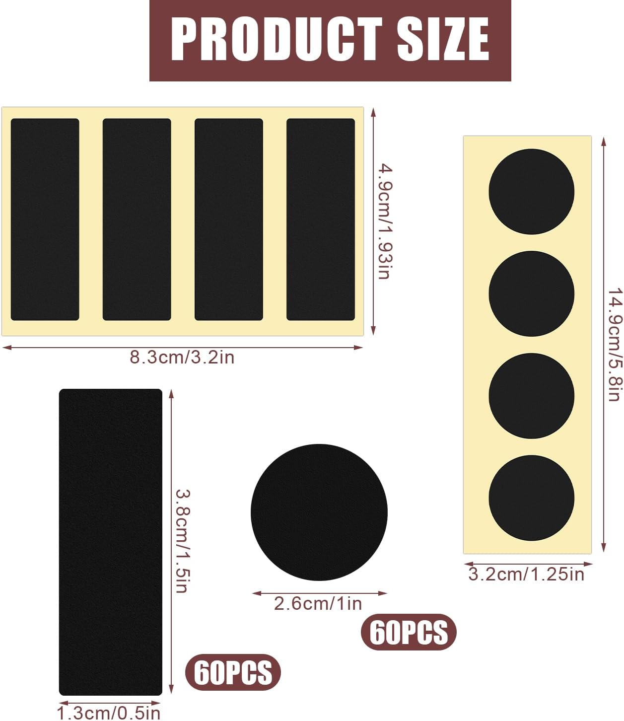 120Pcs Match Striker Papers with Adhesive, 60 round and 60 Rectangle Match Striker Stickers Match Striker Paper Sheets for Match Rack Cymbal Paper Replacement (Black) - Brown image number 4