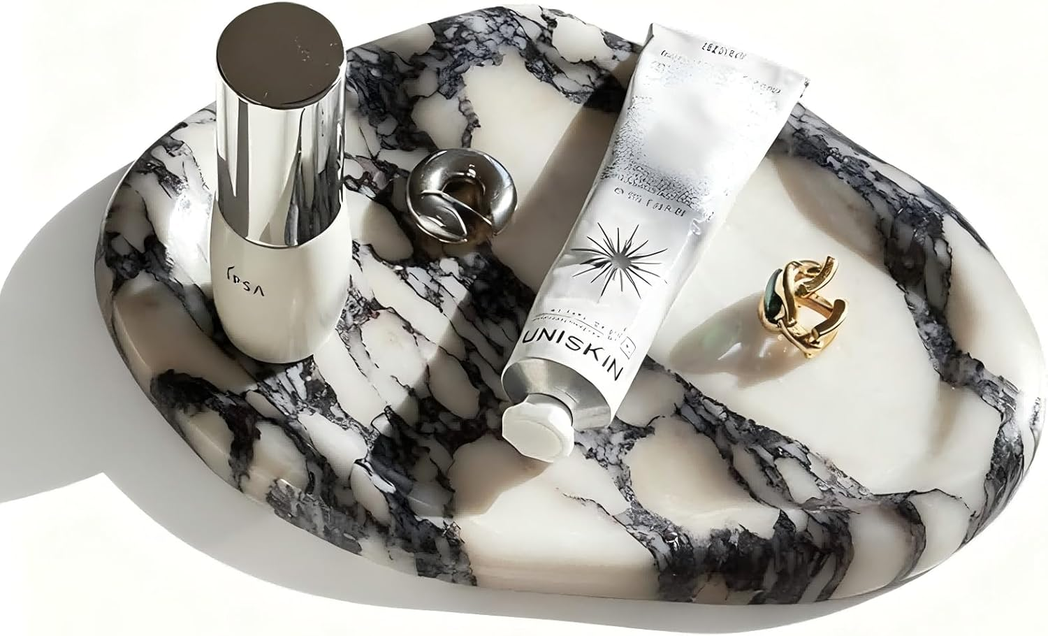 Real Luxurious Natural Marble Vanity Tray Genuine Marble Stone Storage Tray for Home Decor Bathroom/Kitchen/Vanity/Dresser Non-Resin Irregular Shape (Baogeli-Black), YULIN-FEI-01