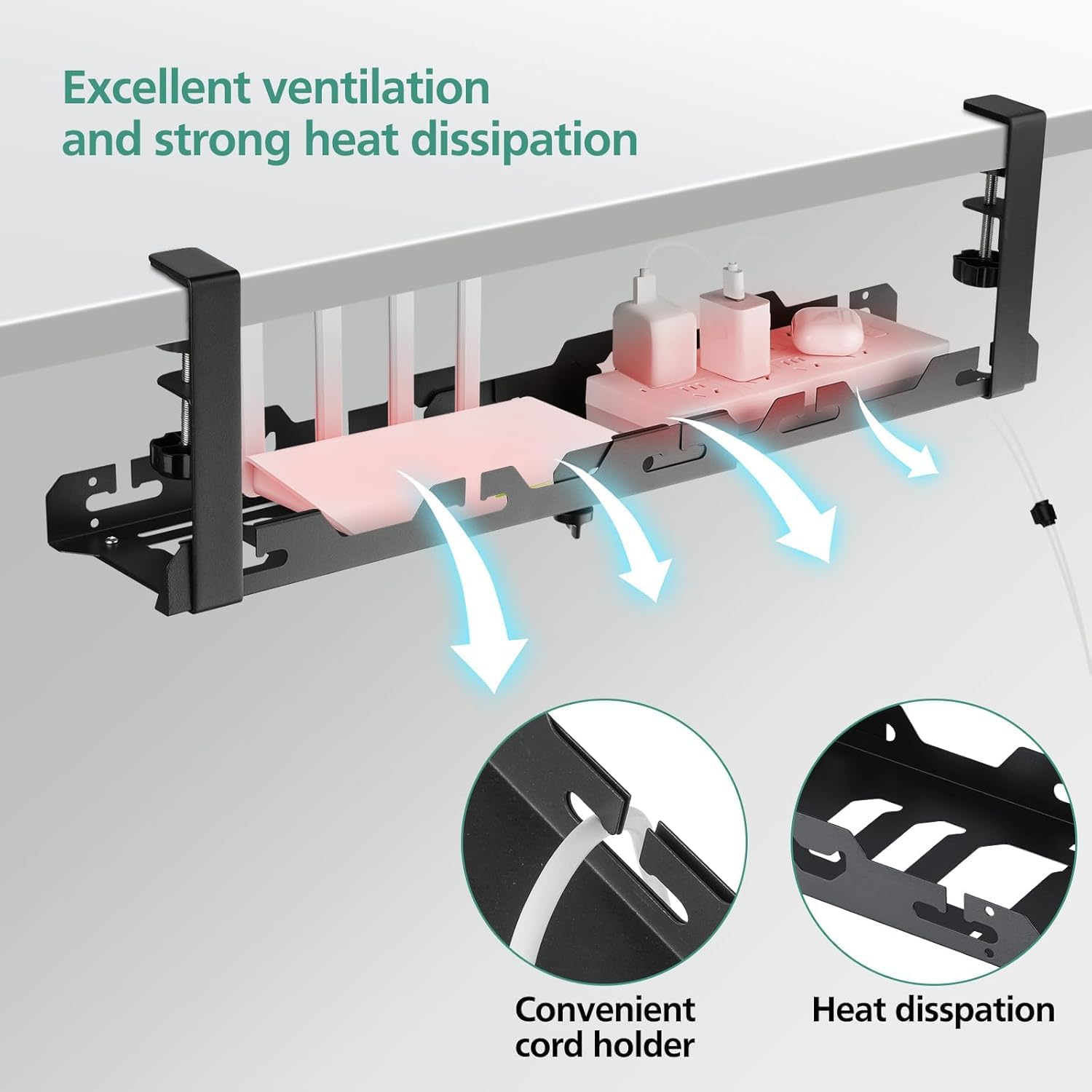 Under Desk Cable Management Tray, Retractable Adjustable 15.7" into 29" No Drill Wire Organizer, Desk Cable Cord Organizer for Desk,Sturdy Metal Cable Tray Basket for Home Office Computer,Black image number 2